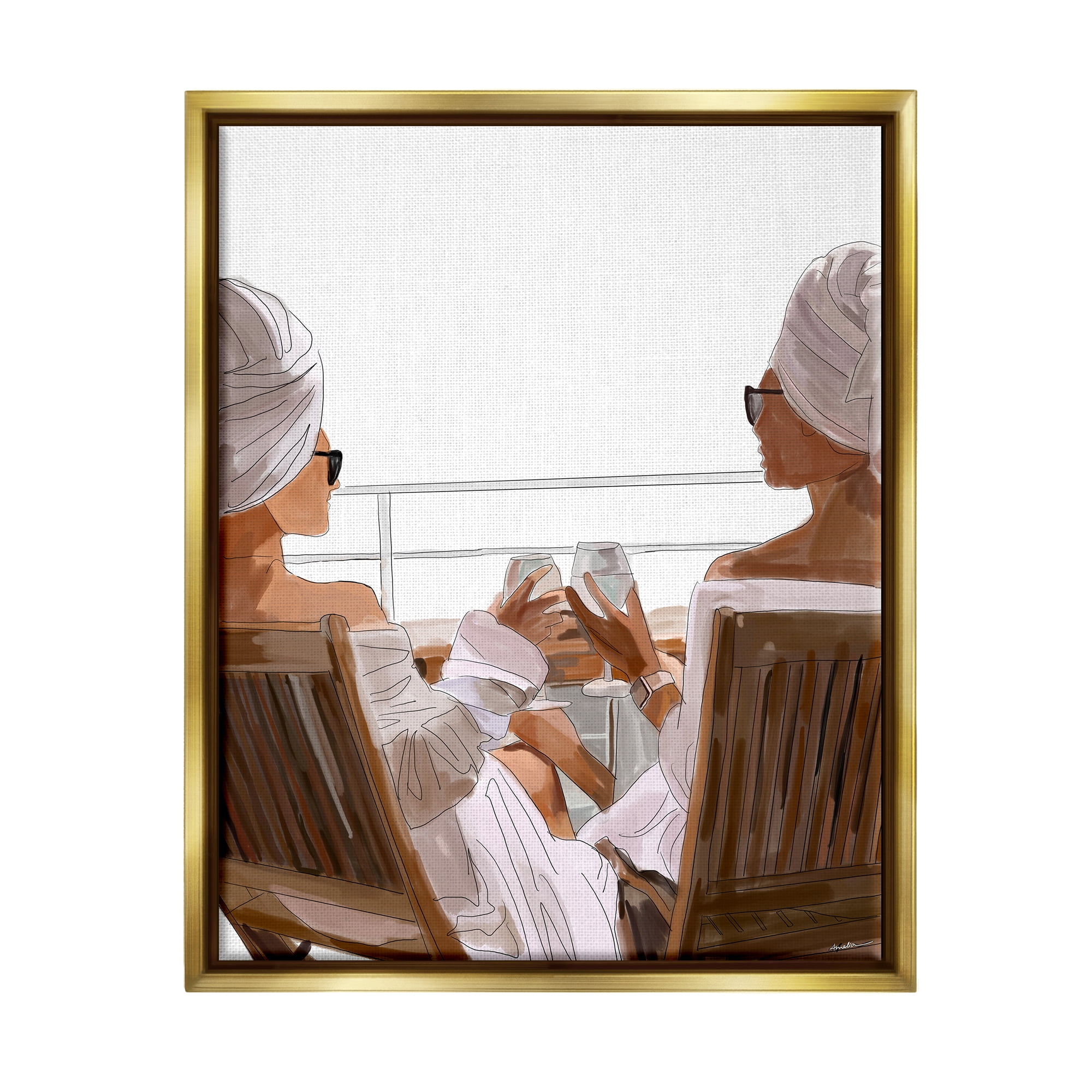 Stupell Industries Summer Friends Relaxing on Beach Coastal Painting Gold Floater Framed Art Print Wall Art