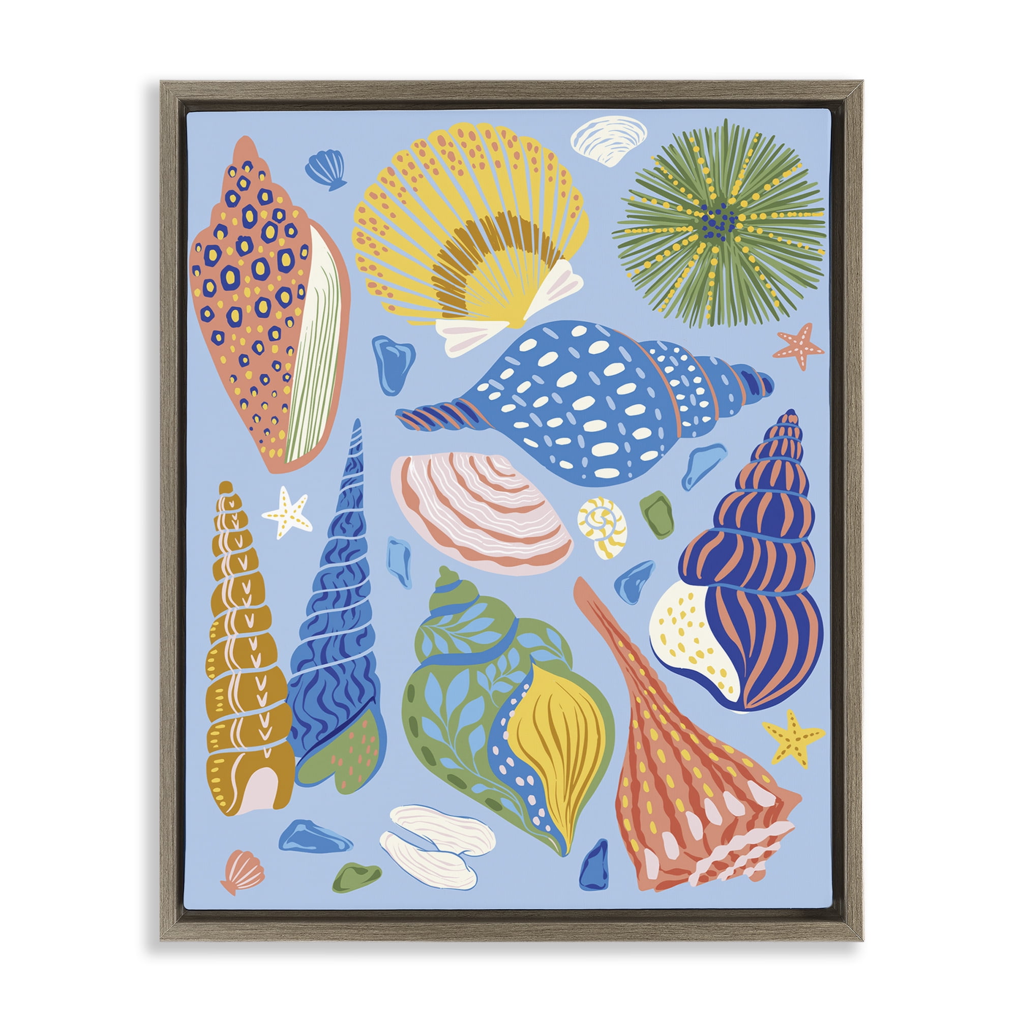 Stupell Industries Summer Fun Seashells Nautical & Beach Painting Brown Floater Framed Canvas Art Print Wall Art, 17 x 21