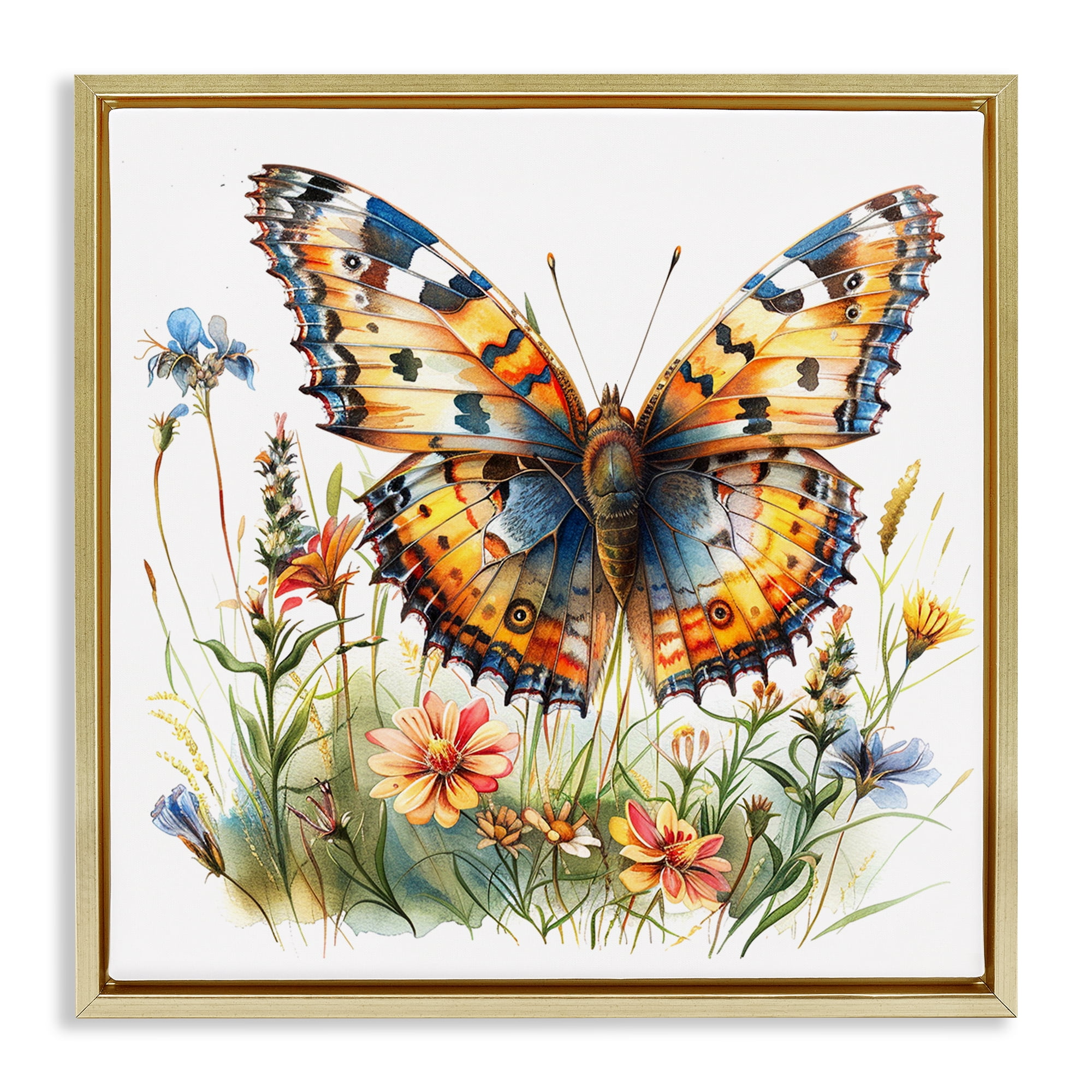 Stupell Industries Summer Garden & Butterfly Insects Painting Gold Floater Framed Canvas Art Print Wall Art, 25 x 25
