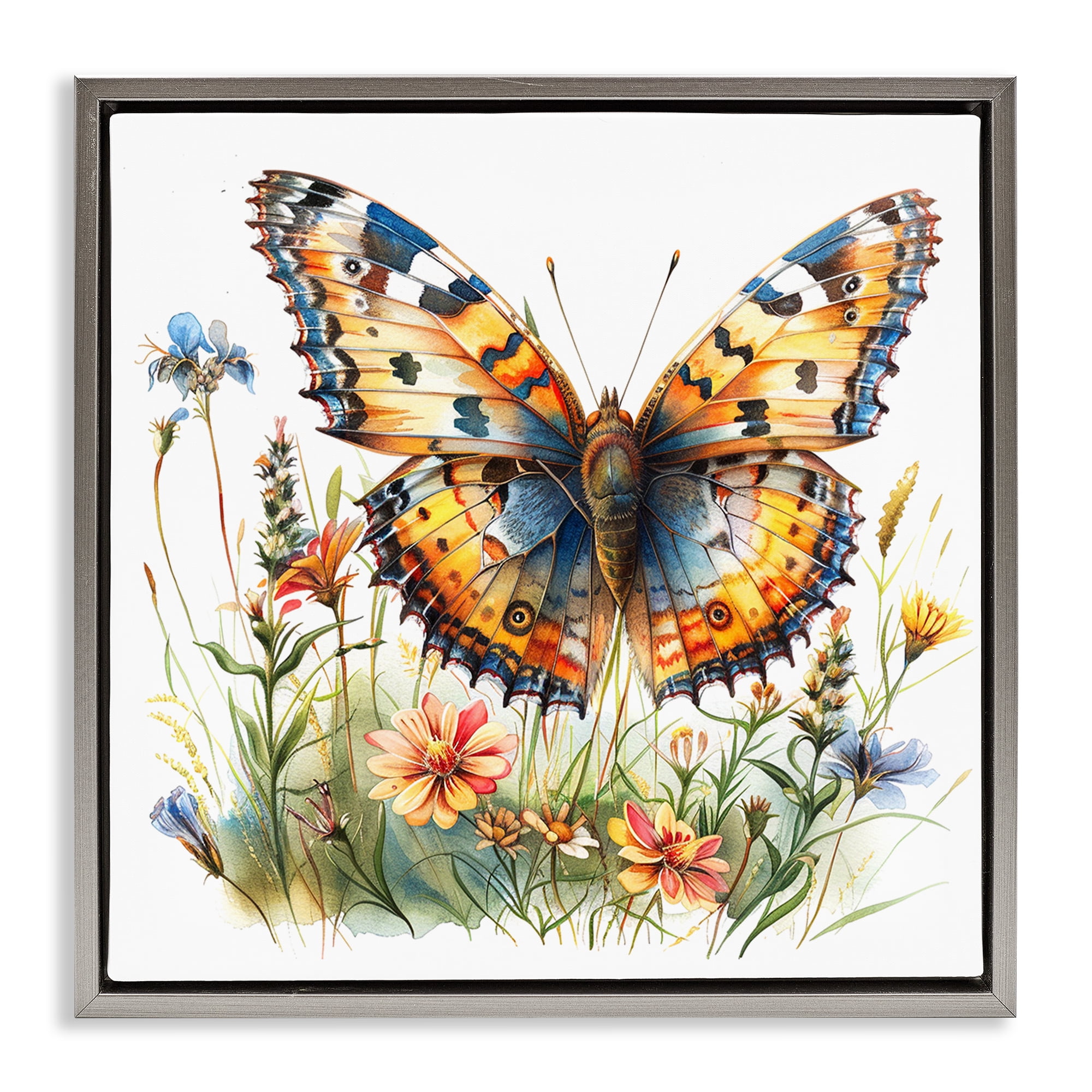 Stupell Industries Summer Garden & Butterfly Insects Painting Gray Floater Framed Canvas Art Print Wall Art, 25 x 25