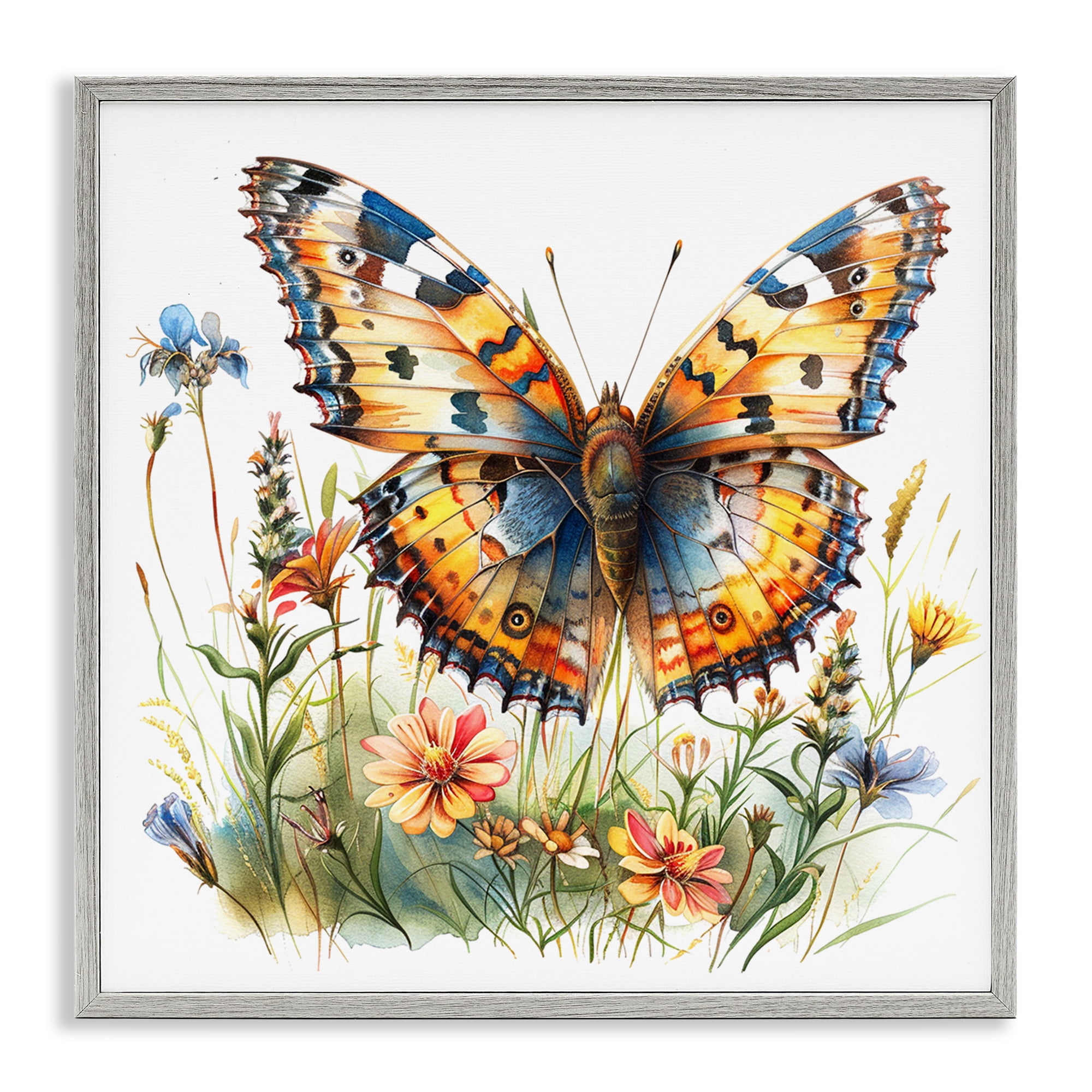 Stupell Industries Summer Garden & Butterfly Insects Painting Gray Framed Art Print Wall Art, 12 x 12