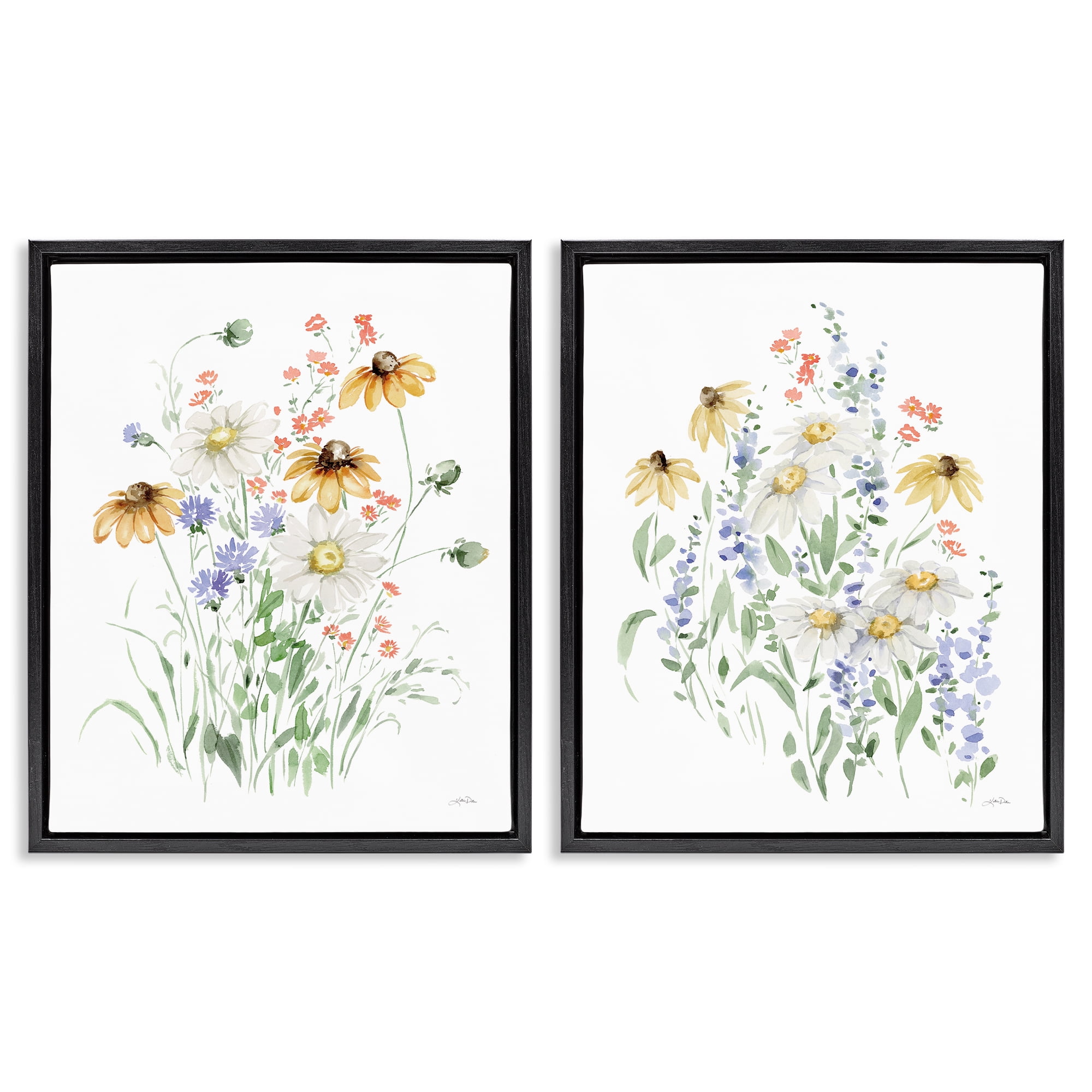 Stupell Industries Summer Garden Watercolor Daisies Plants & Flowers Painting Black Floater Framed Canvas Art Print Wall Art, 17 x 21, Set of 2