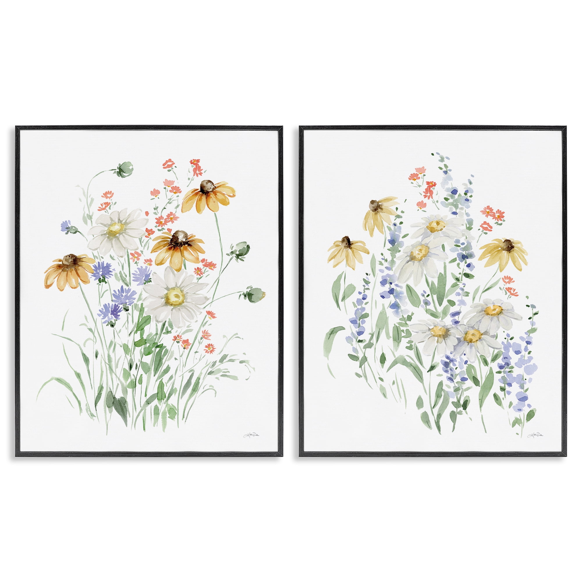 Stupell Industries Summer Garden Watercolor Daisies Plants & Flowers Painting Black Framed Art Print Wall Art, 11 x 14, Set of 2