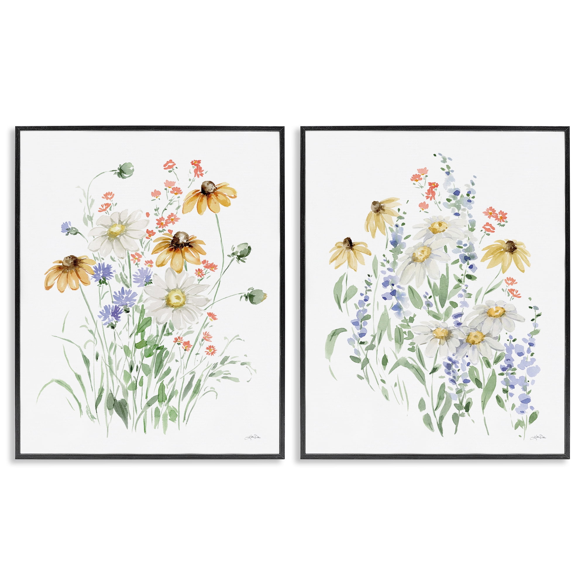 Stupell Industries Summer Garden Watercolor Daisies Plants & Flowers Painting Black Framed Art Print Wall Art, 24 x 30, Set of 2