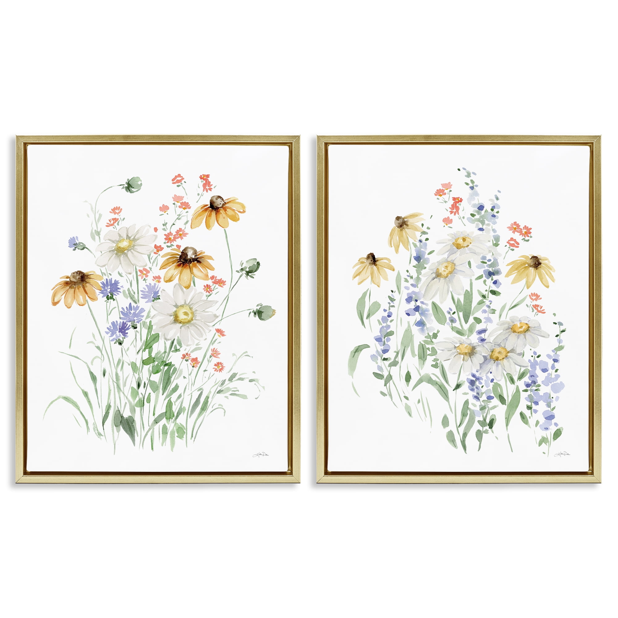 Stupell Industries Summer Garden Watercolor Daisies Plants & Flowers Painting Gold Floater Framed Canvas Art Print Wall Art, 31 x 25, Set of 2