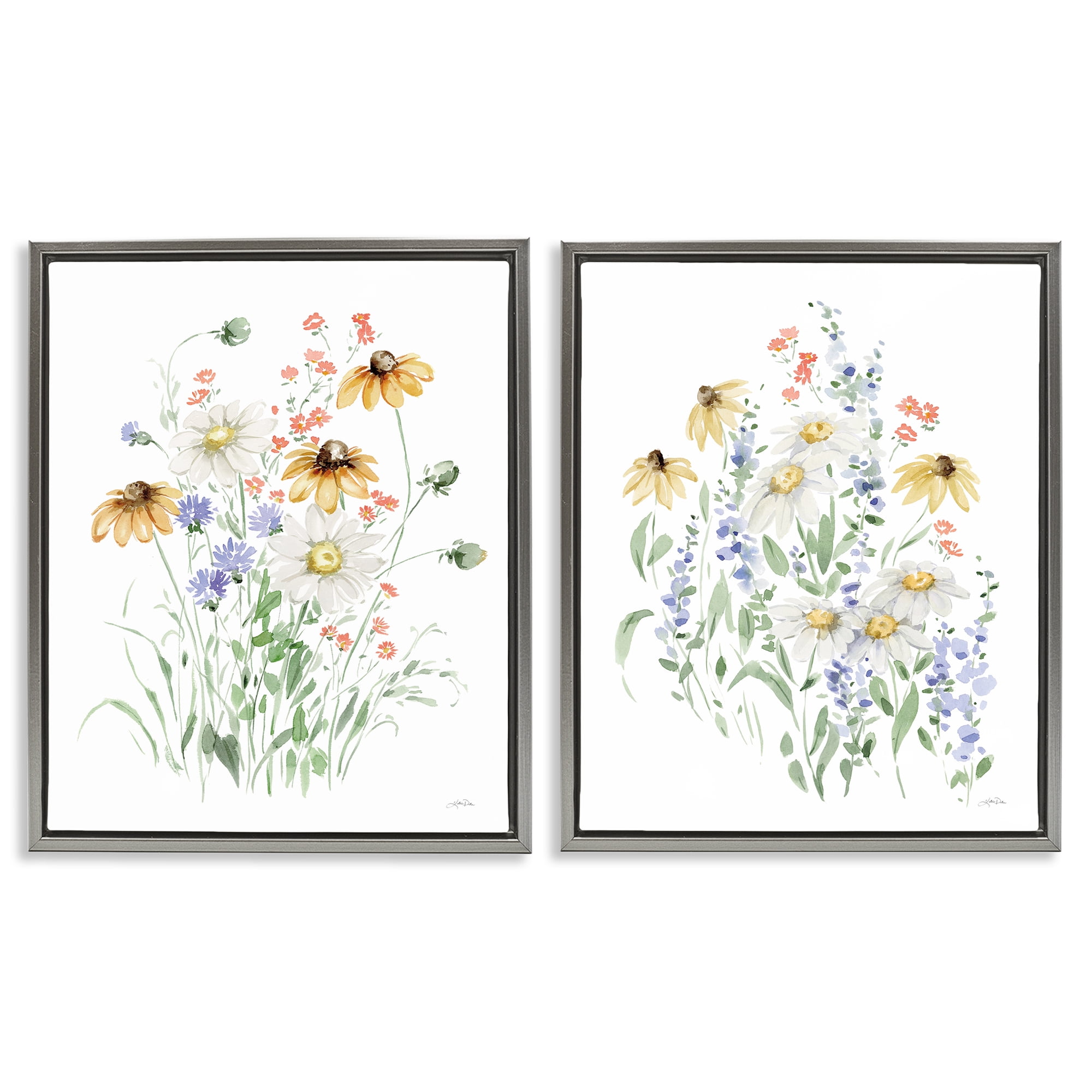 Stupell Industries Summer Garden Watercolor Daisies Plants & Flowers Painting Gray Floater Framed Canvas Art Print Wall Art, 17 x 21, Set of 2