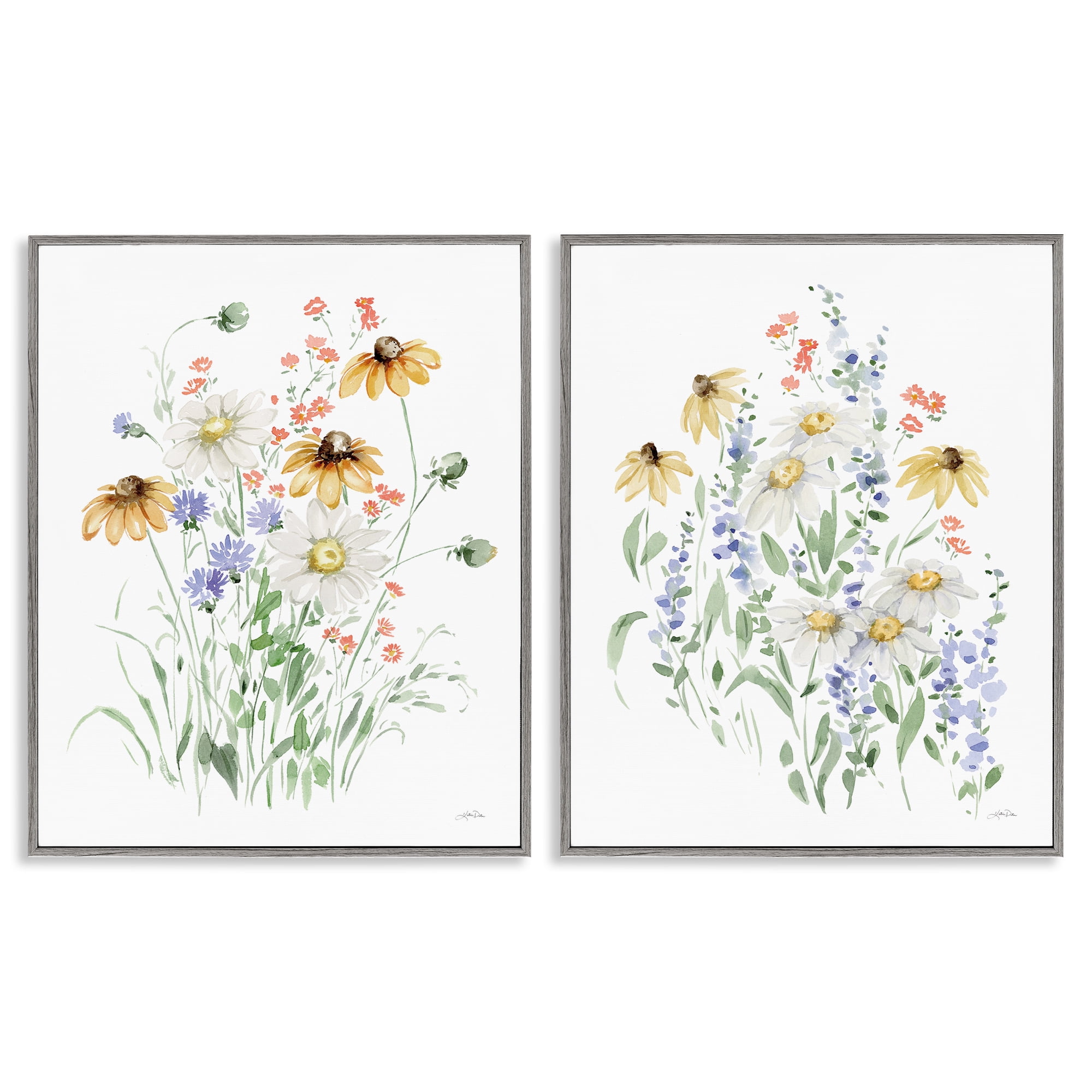 Stupell Industries Summer Garden Watercolor Daisies Plants & Flowers Painting Gray Framed Art Print Wall Art, 11 x 14, Set of 2