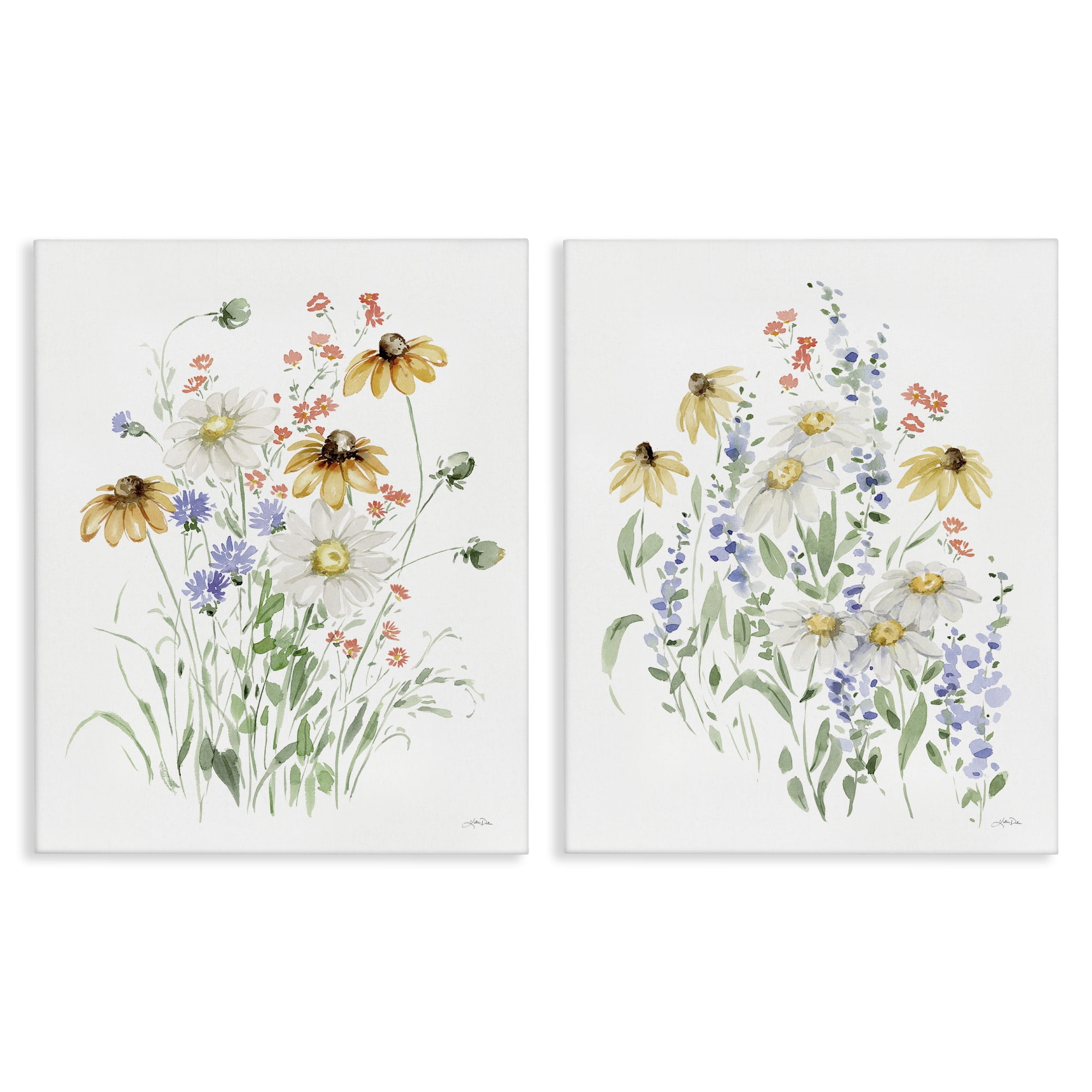 Stupell Industries Summer Garden Watercolor Daisies Plants & Flowers Painting Wrapped Canvas Art Print Wall Art, 24 x 30, Set of 2