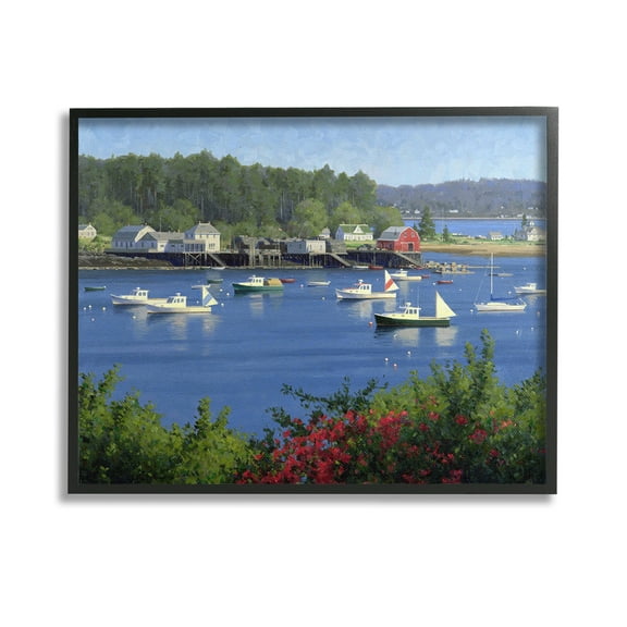 Stupell Industries Summer Harbor Inlet Landscape Painting Black Framed Art Print Wall Art, 14 x 11