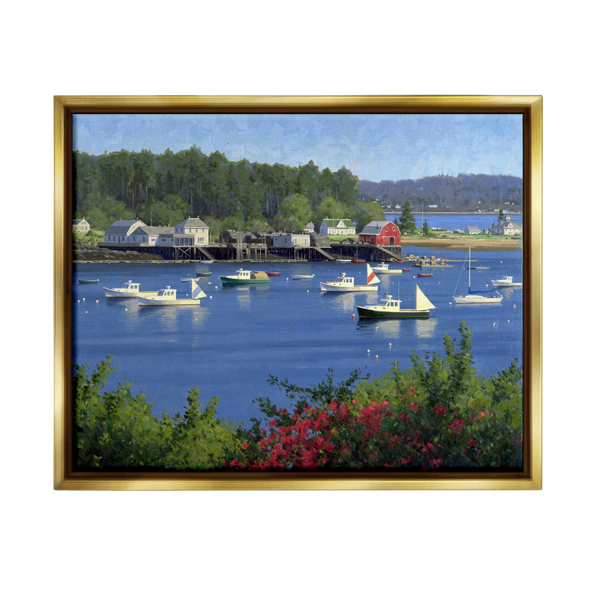 Stupell Industries Summer Harbor Inlet Landscape Painting Gold Floater Framed Canvas Art Print Wall Art, 31 x 25