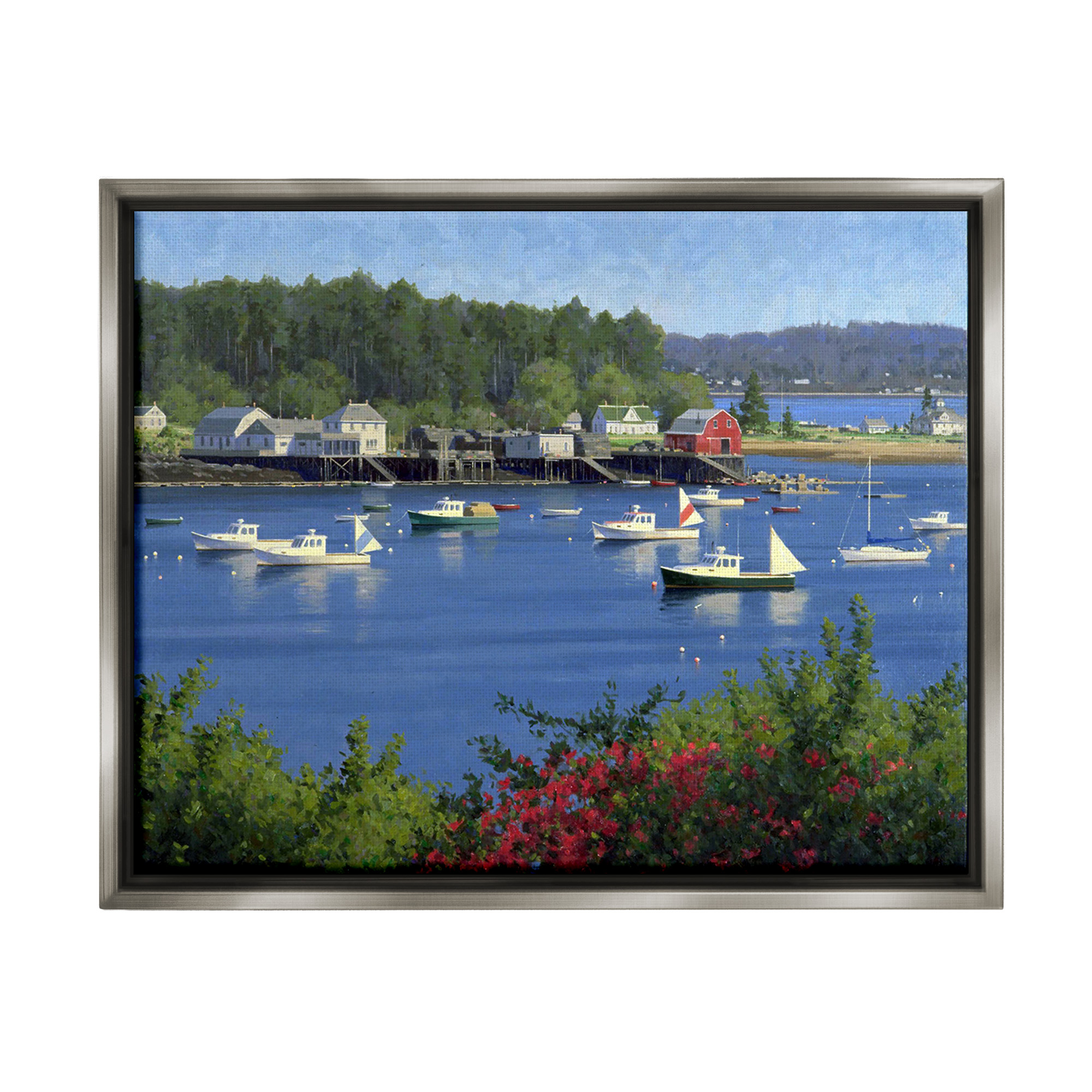 Stupell Industries Summer Harbor Inlet Landscape Painting Gray Floater Framed Canvas Art Print Wall Art, 31 x 25