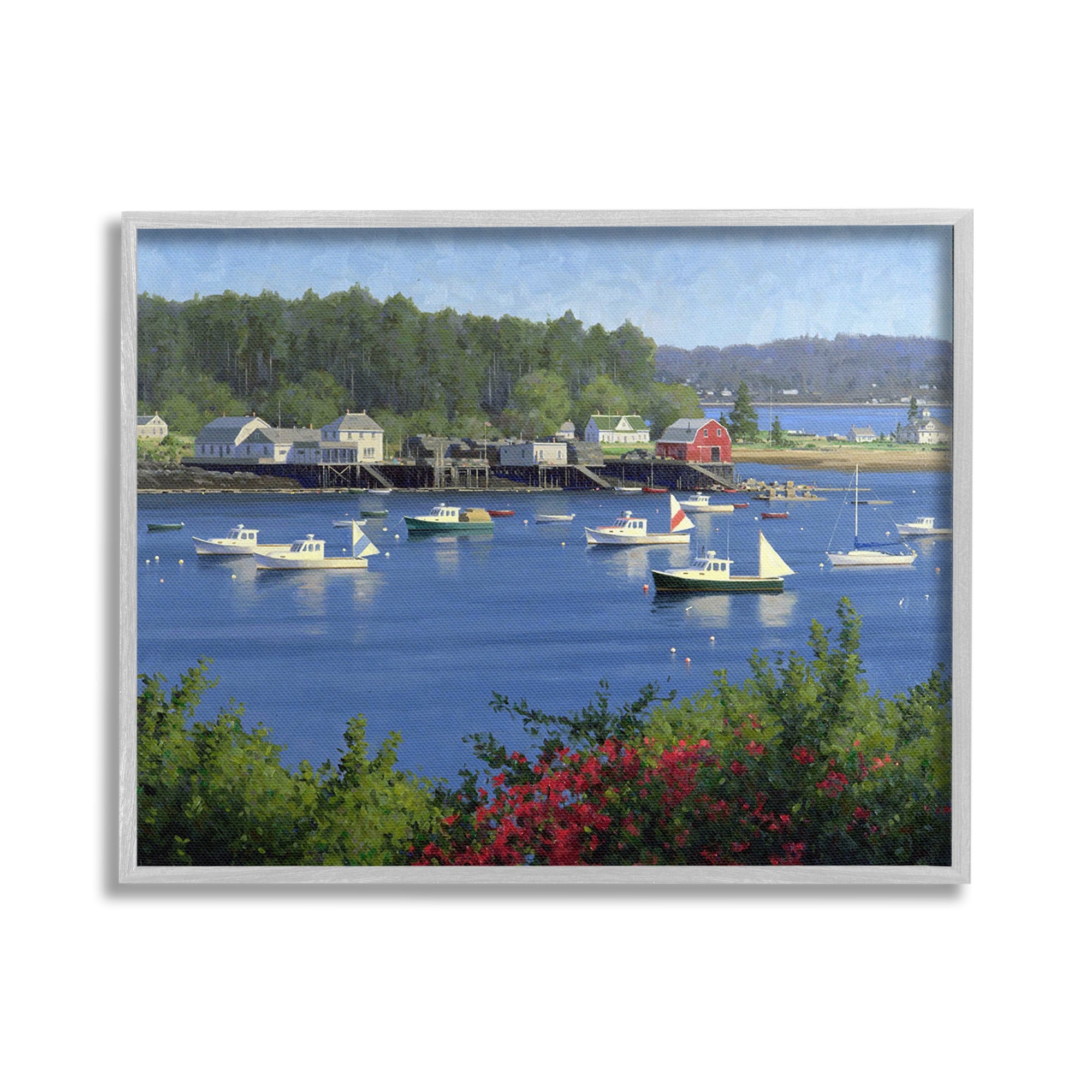 Stupell Industries Summer Harbor Inlet Landscape Painting Gray Framed Art Print Wall Art, 20 x 16