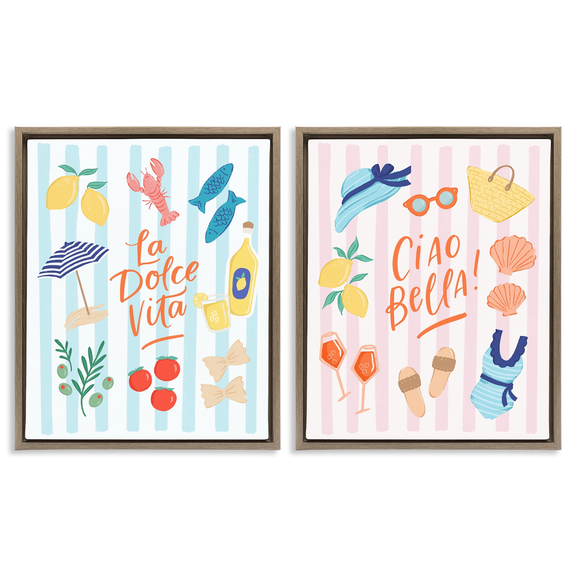 Stupell Industries Summer Italian Vacation 2 Piece Brown Framed Floater Canvas Set, design by Sandra Picco