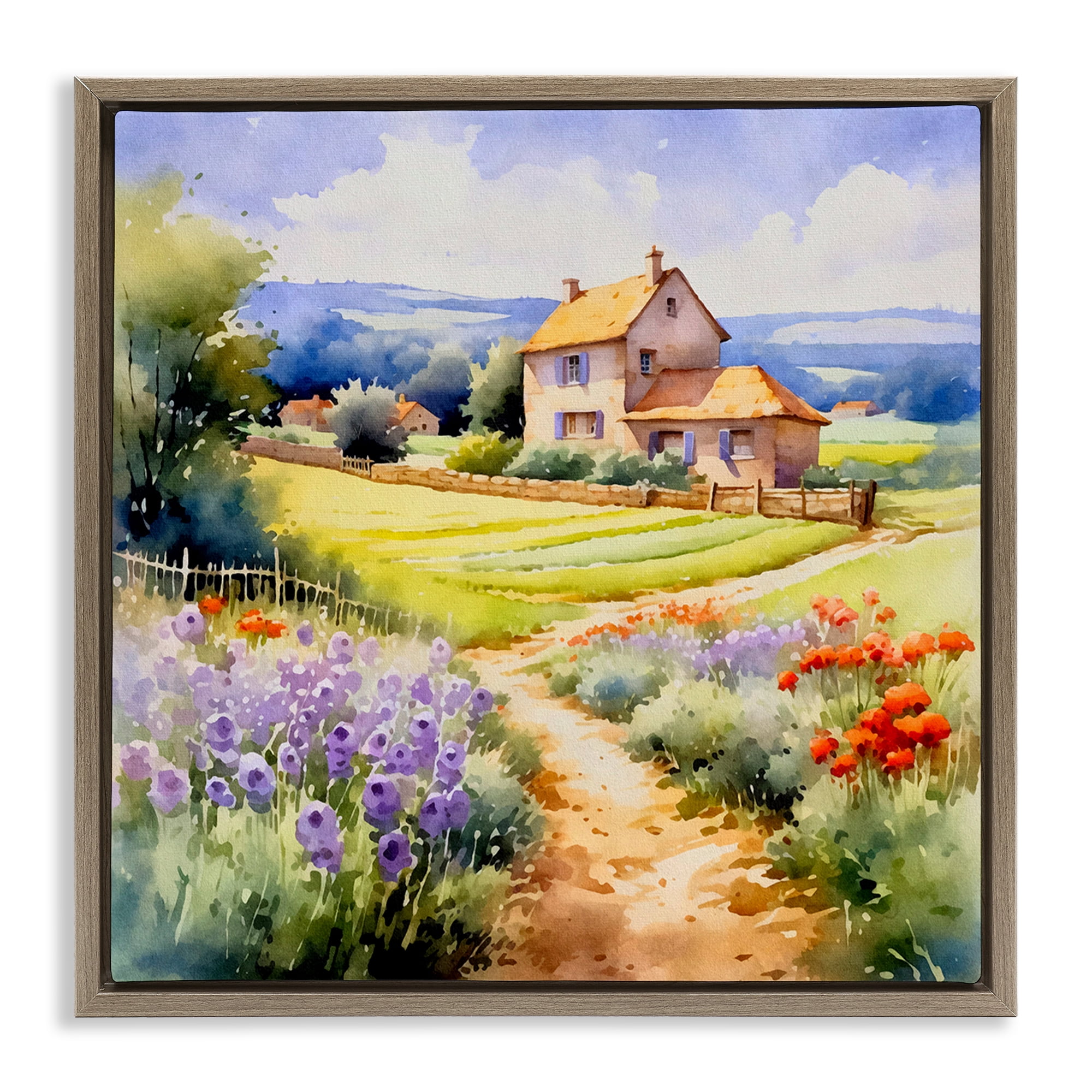 Stupell Industries Summer Lavender Farm Landscape & Nature Painting Brown Floater Framed Canvas Art Print Wall Art, 25 x 25
