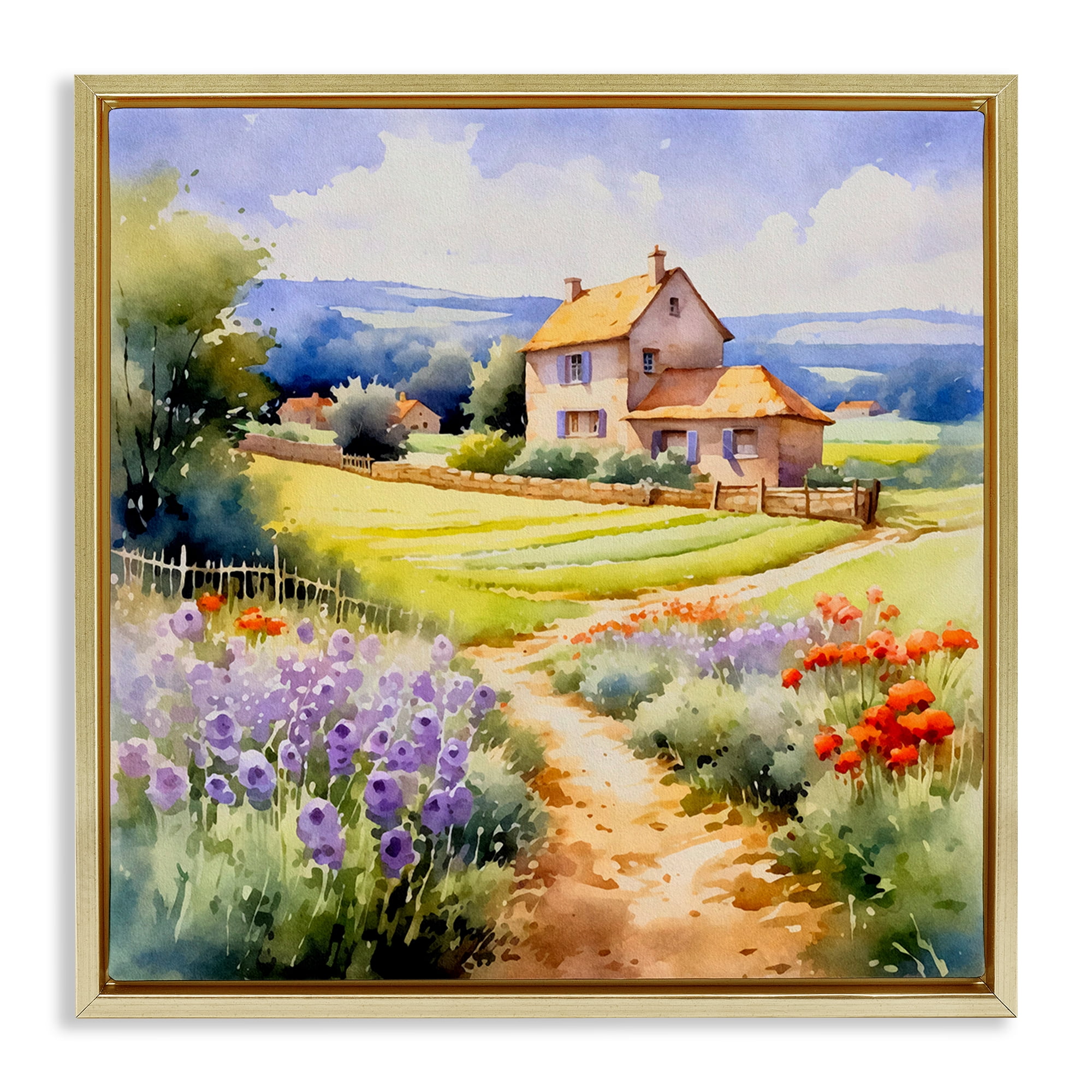 Stupell Industries Summer Lavender Farm Landscape & Nature Painting Gold Floater Framed Canvas Art Print Wall Art, 18 x 18
