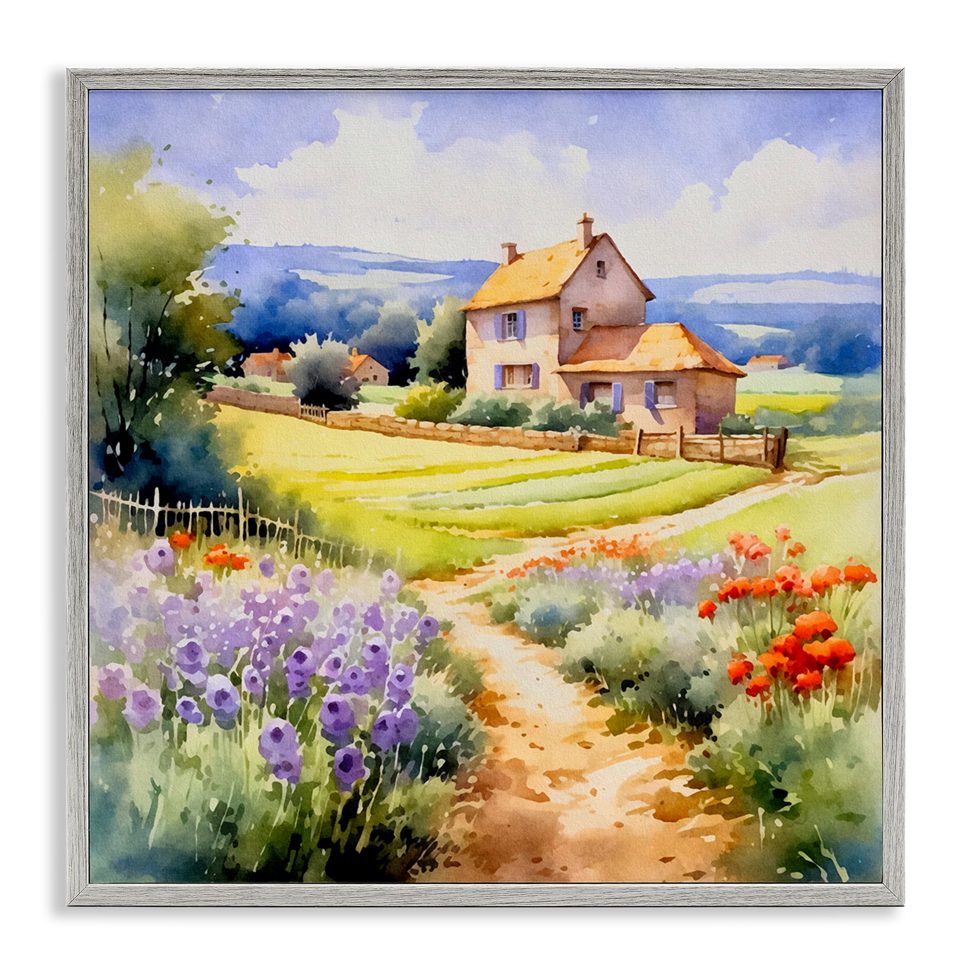 Stupell Industries Summer Lavender Farm Landscape & Nature Painting Gray Framed Art Print Wall Art, 17 x 17