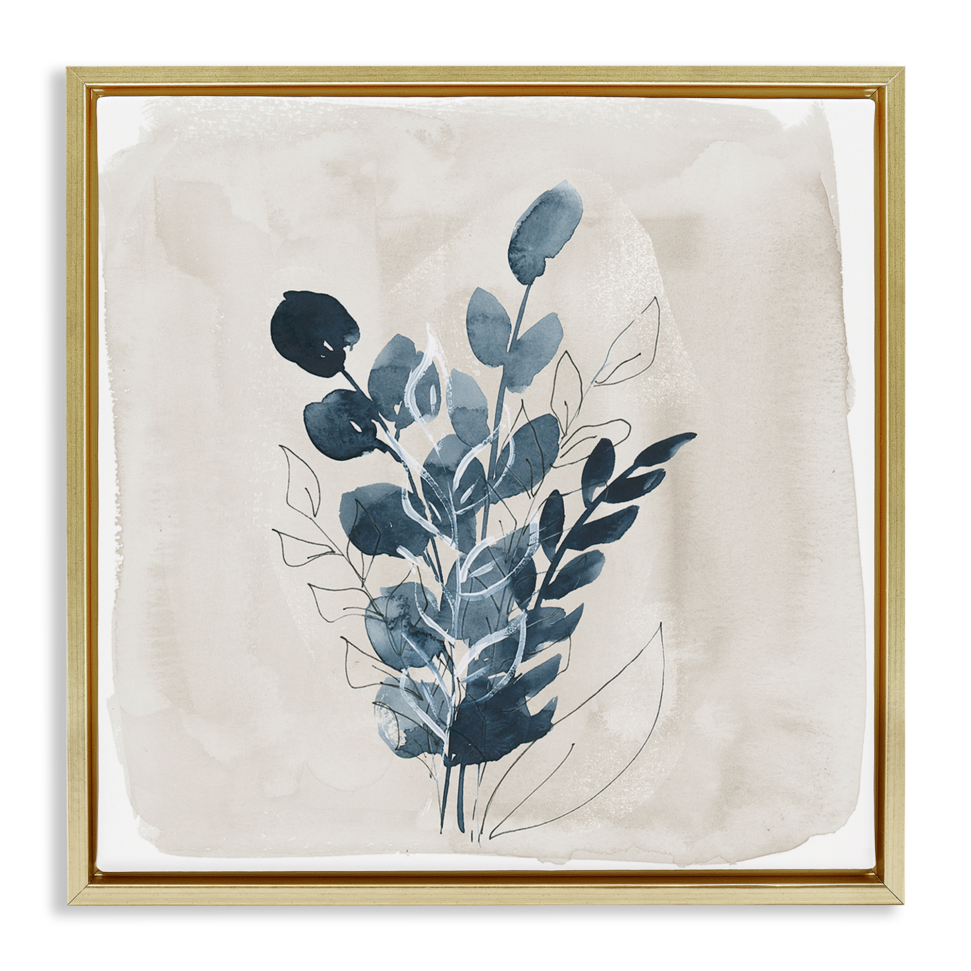 Stupell Industries Summer Leaf Sprigs Plants & Flowers Painting Gold Floater Framed Canvas Art Print Wall Art, 25 x 25