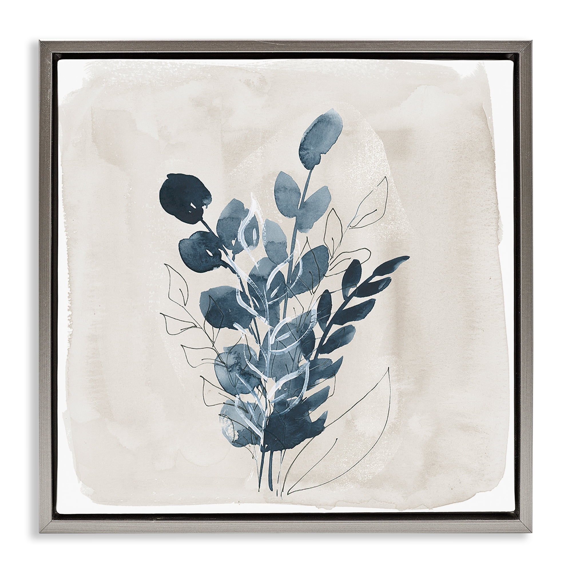 Stupell Industries Summer Leaf Sprigs Plants & Flowers Painting Gray Floater Framed Canvas Art Print Wall Art, 18 x 18