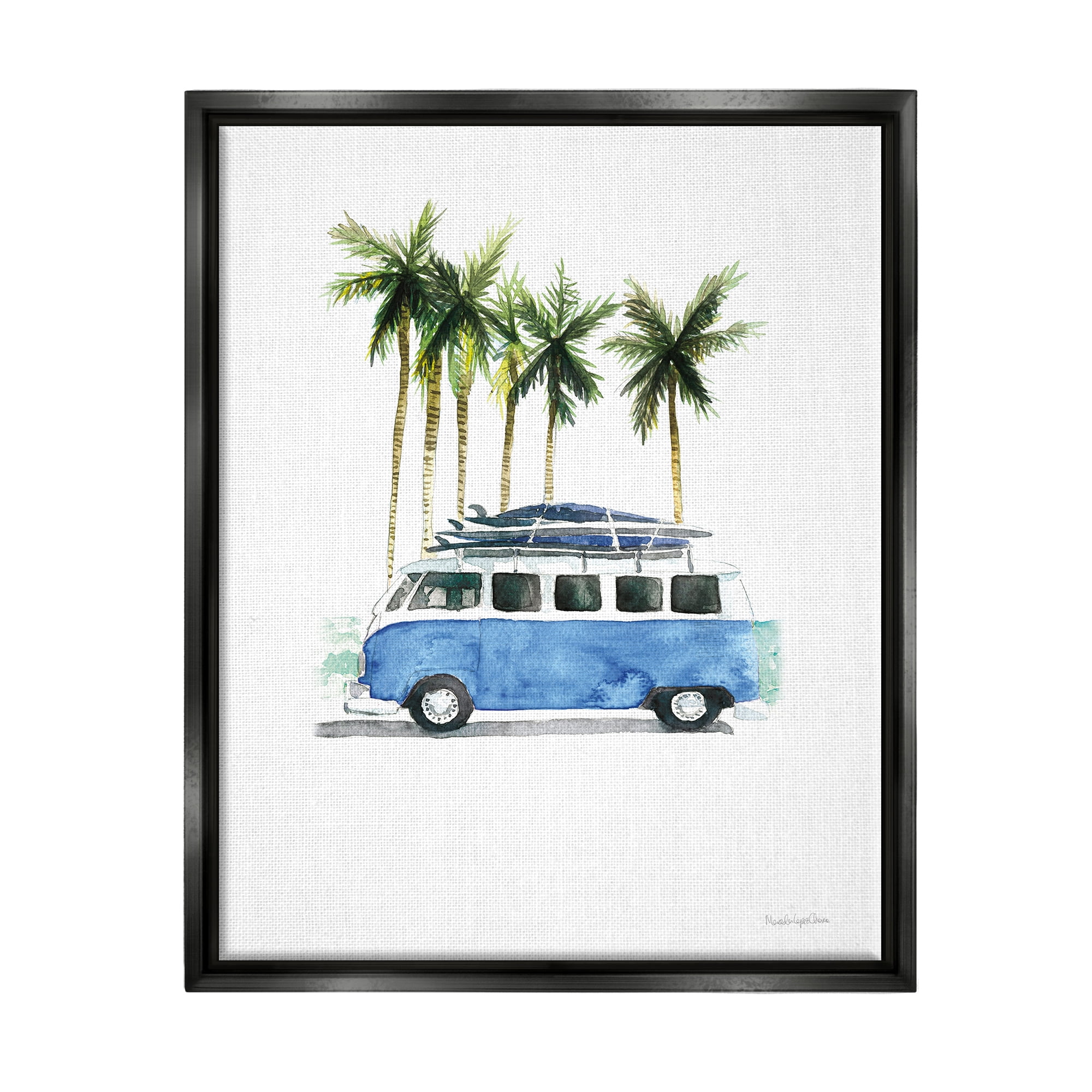 Stupell Industries Summer Minibus Vacation Transportation Painting Black Floater Framed Art Print Wall Art, 17 x 21