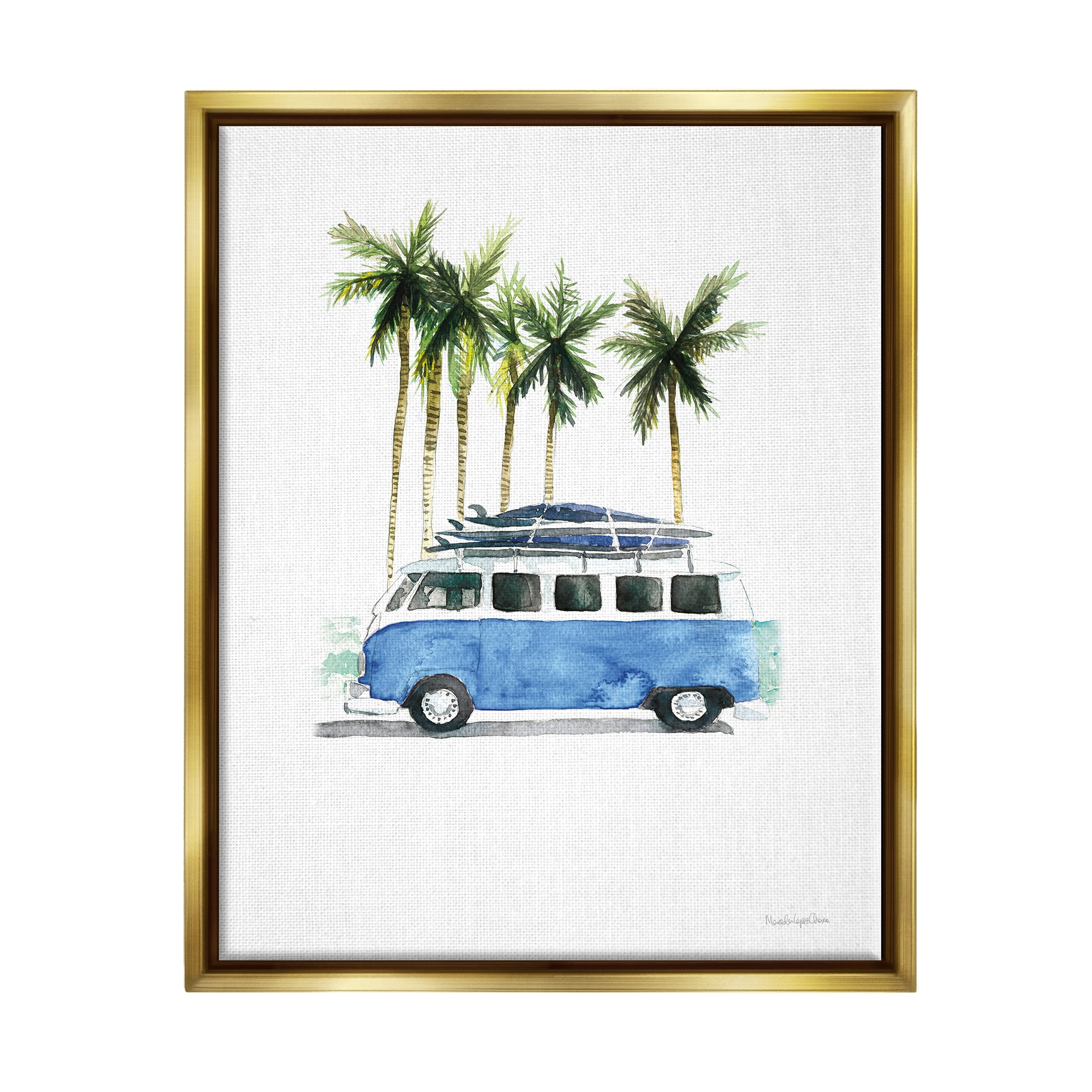 Stupell Industries Summer Minibus Vacation Transportation Painting Gold Floater Framed Art Print Wall Art, 25 x 31