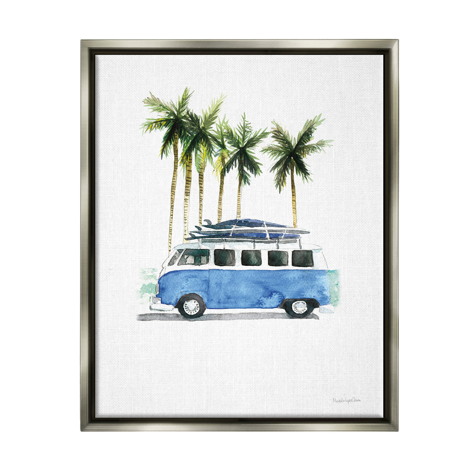 Stupell Industries Summer Minibus Vacation Transportation Painting Gray Floater Framed Art Print Wall Art, 17 x 21