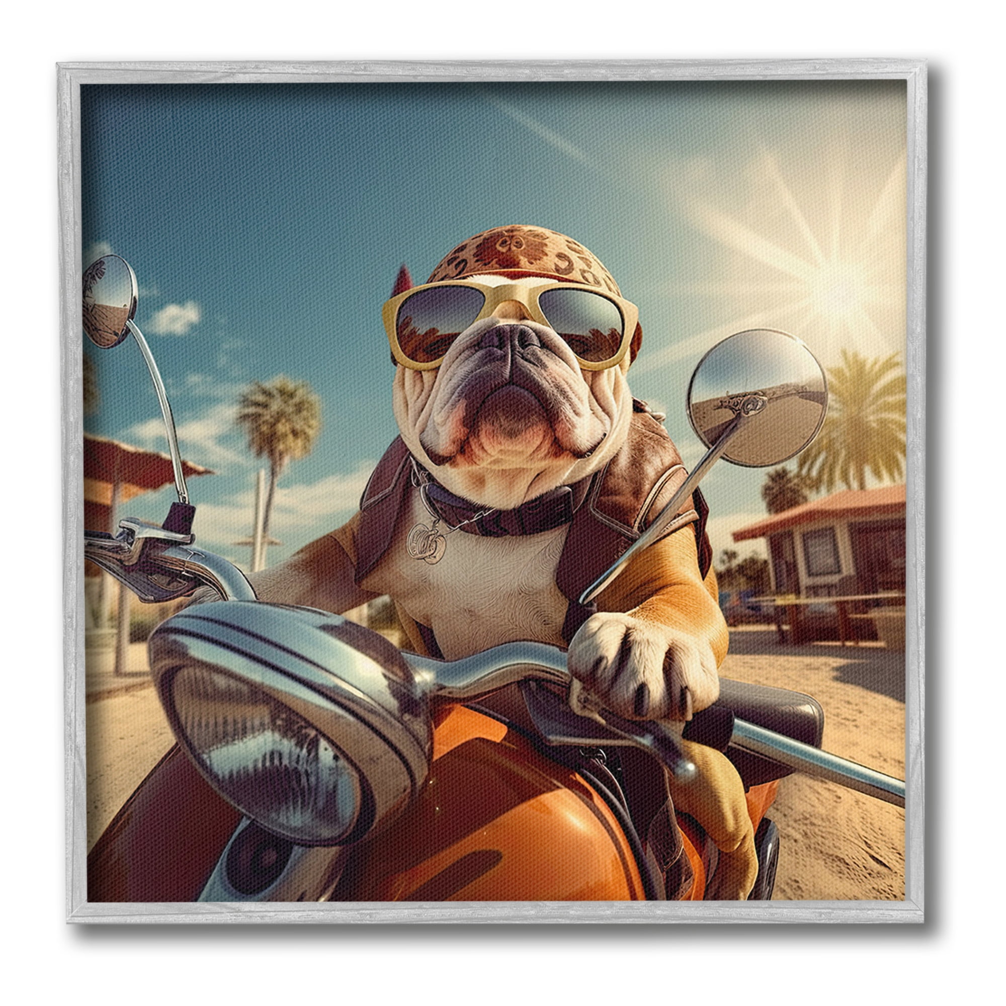 Stupell Industries Summer Motorcycle Dog Animals & Insects Painting Gray Framed Art Print Wall Art, 12 x 12