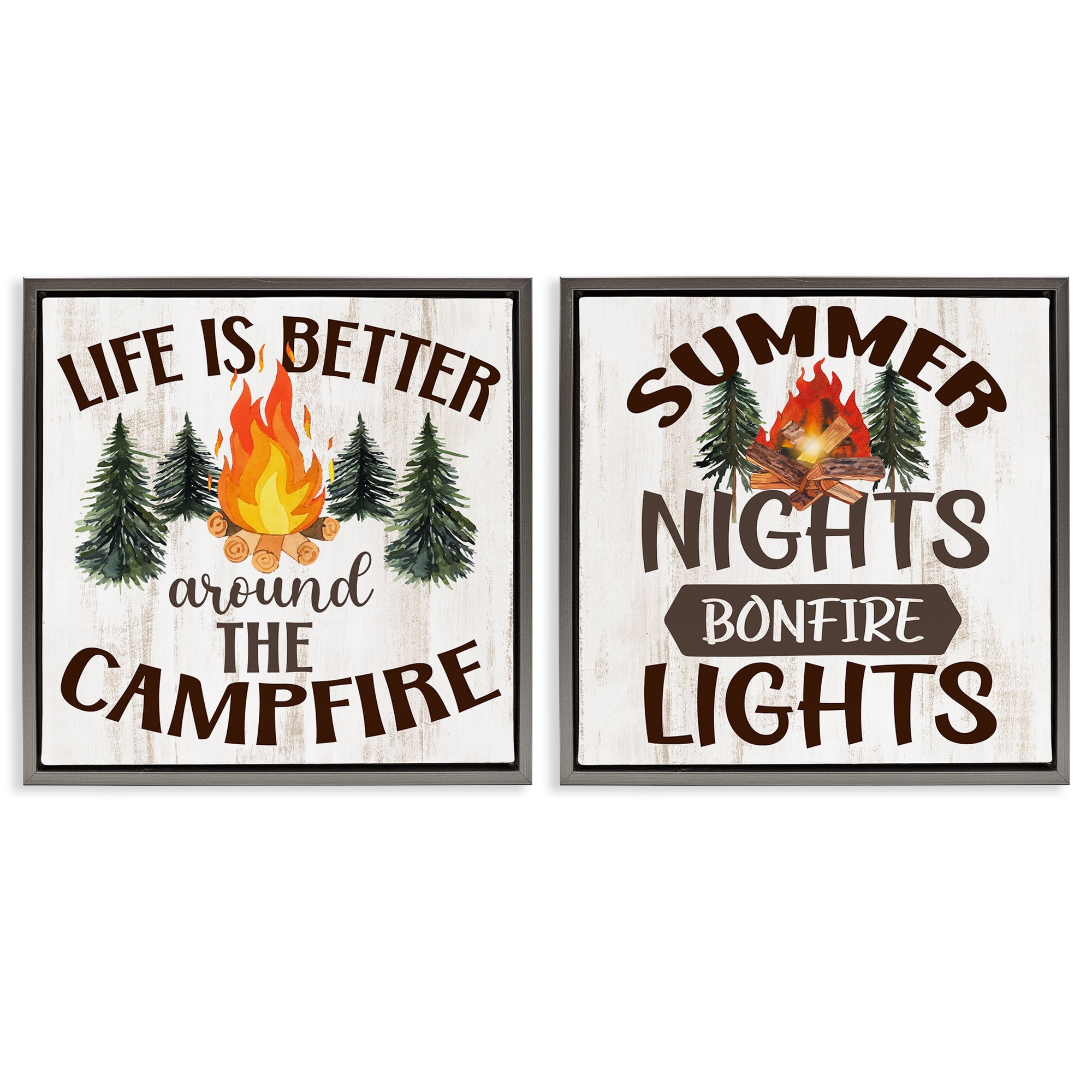 Stupell Industries Summer Nights Campfire Text & Numbers Painting Gray Floater Framed Canvas Art Print Wall Art, 25 x 25, Set of 2