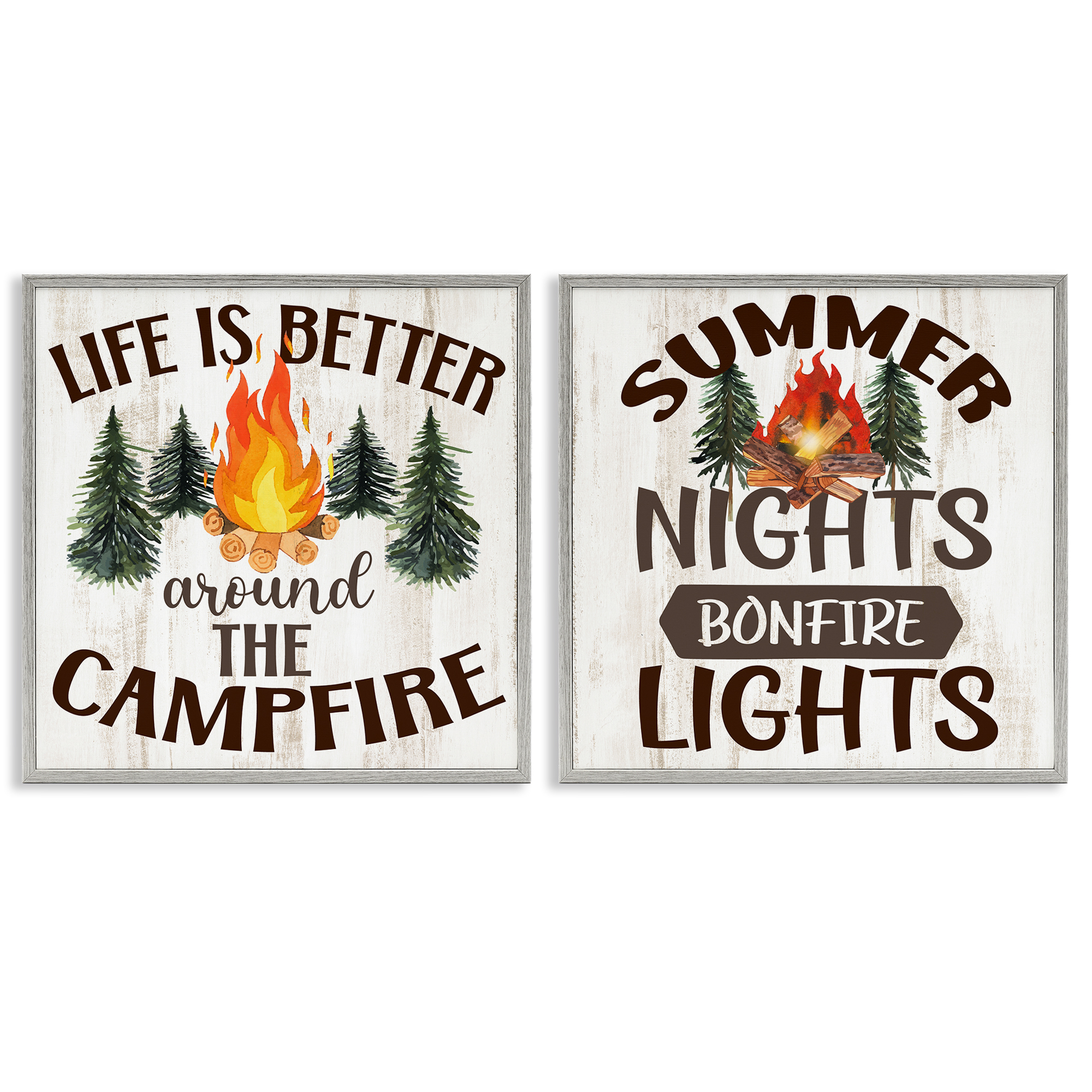 Stupell Industries Summer Nights Campfire Text & Numbers Painting Gray Framed Art Print Wall Art, 12 x 12, Set of 2