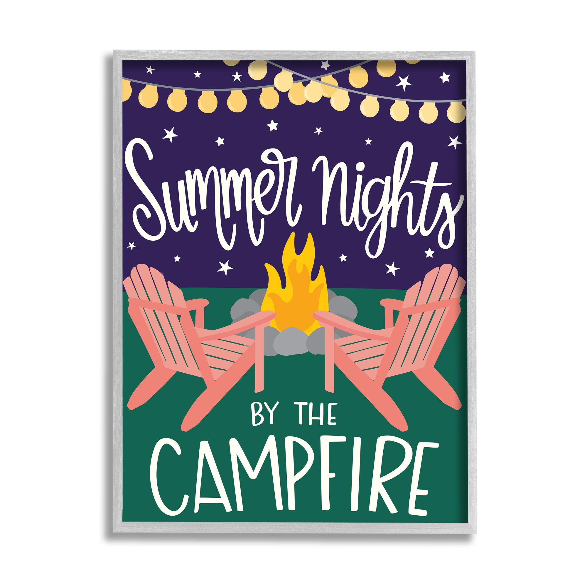 Stupell Industries Summer Nights by Campfire Phrase Starry Backyard Sky Typography Painting Gray Framed Art Print Wall Art, 16 x 20
