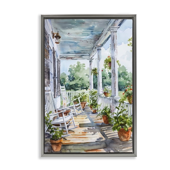 Stupell Industries Summer Plant Filled Porch Buildings & Architecture Painting Gray Floater Framed Canvas Art Print Wall Art, 17 x 25