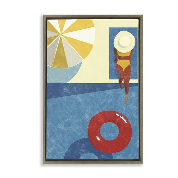 Stupell Industries Summer Poolside Girl Novelty Painting Brown Floater Framed Canvas Art Print Wall Art, 17 x 25