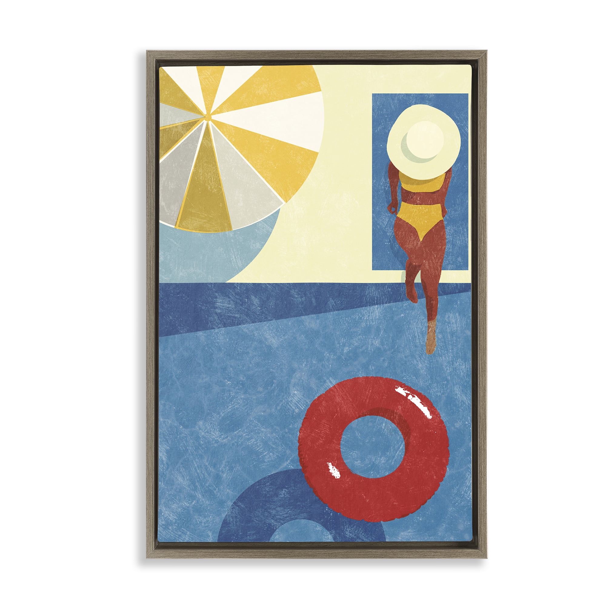 Stupell Industries Summer Poolside Girl Novelty Painting Brown Floater Framed Canvas Art Print Wall Art, 21 x 31