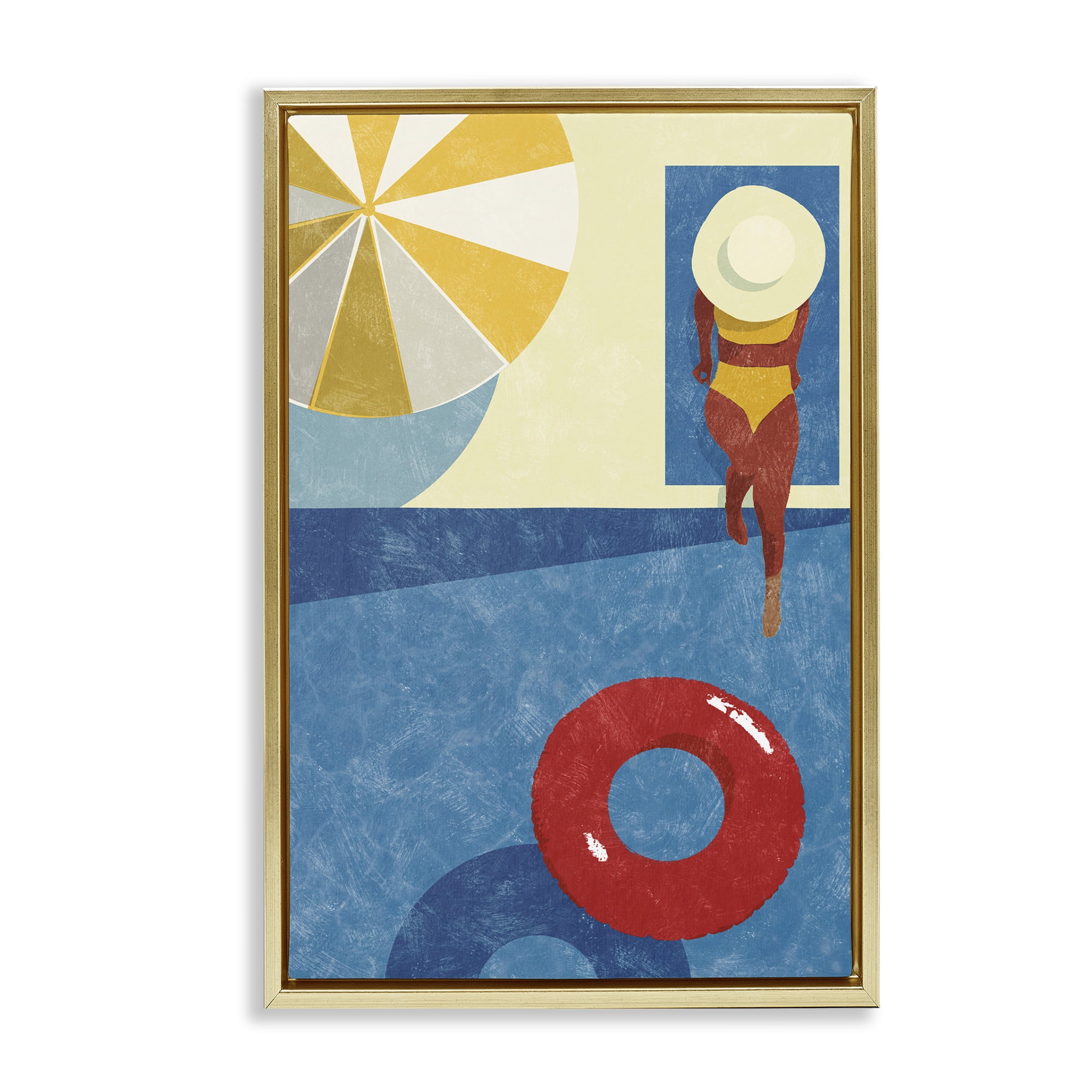 Stupell Industries Summer Poolside Girl Novelty Painting Gold Floater Framed Canvas Art Print Wall Art, 17 x 25
