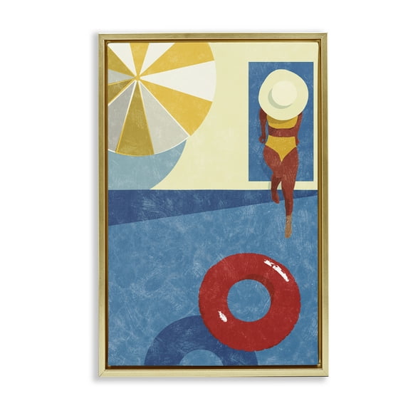 Stupell Industries Summer Poolside Girl Novelty Painting Gold Floater Framed Canvas Art Print Wall Art, 21 x 31