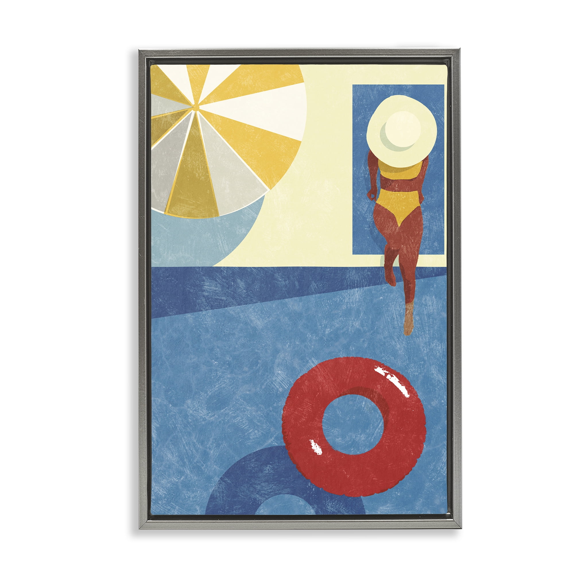 Stupell Industries Summer Poolside Girl Novelty Painting Gray Floater Framed Canvas Art Print Wall Art, 21 x 31