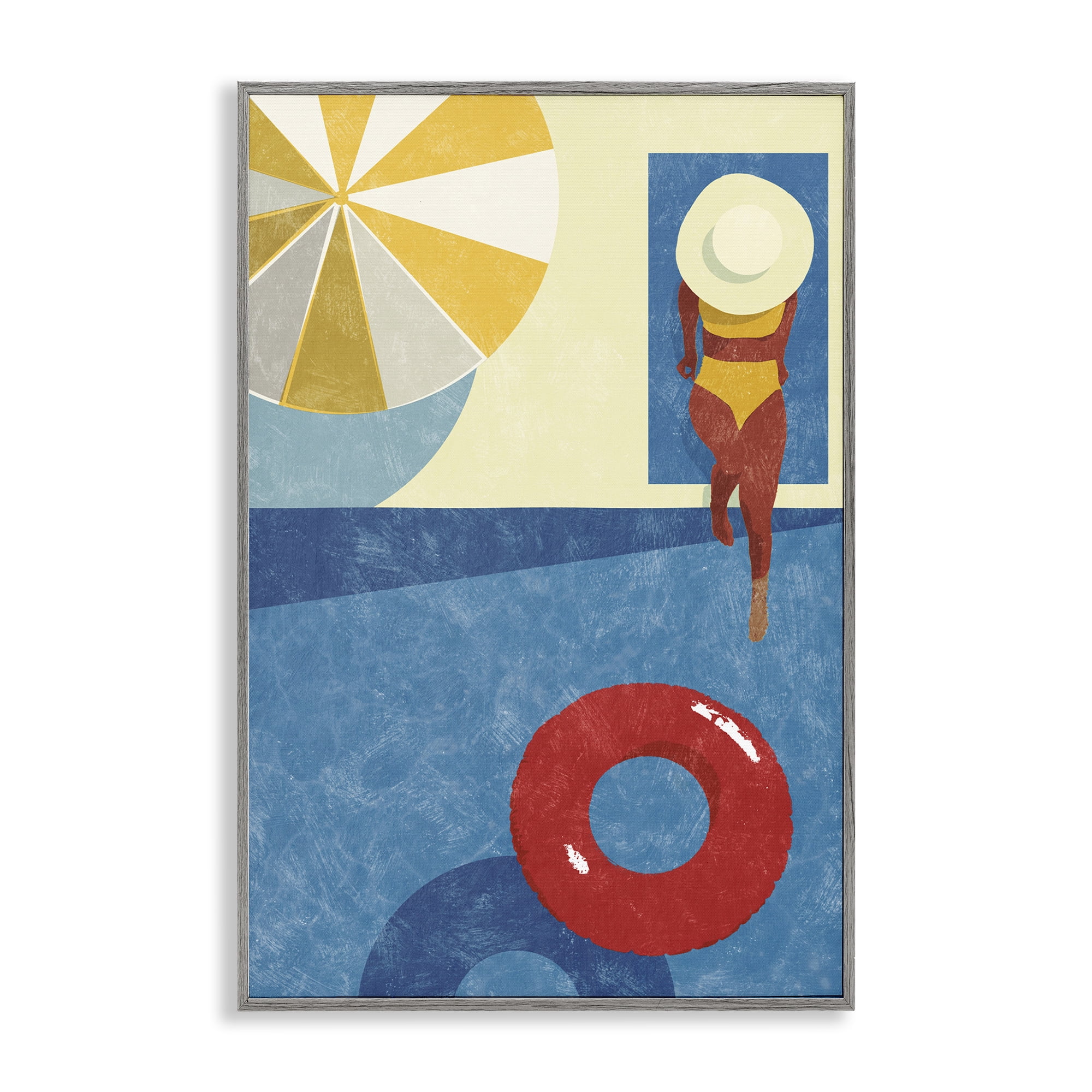 Stupell Industries Summer Poolside Girl Novelty Painting Gray Framed Art Print Wall Art, 12 x 18