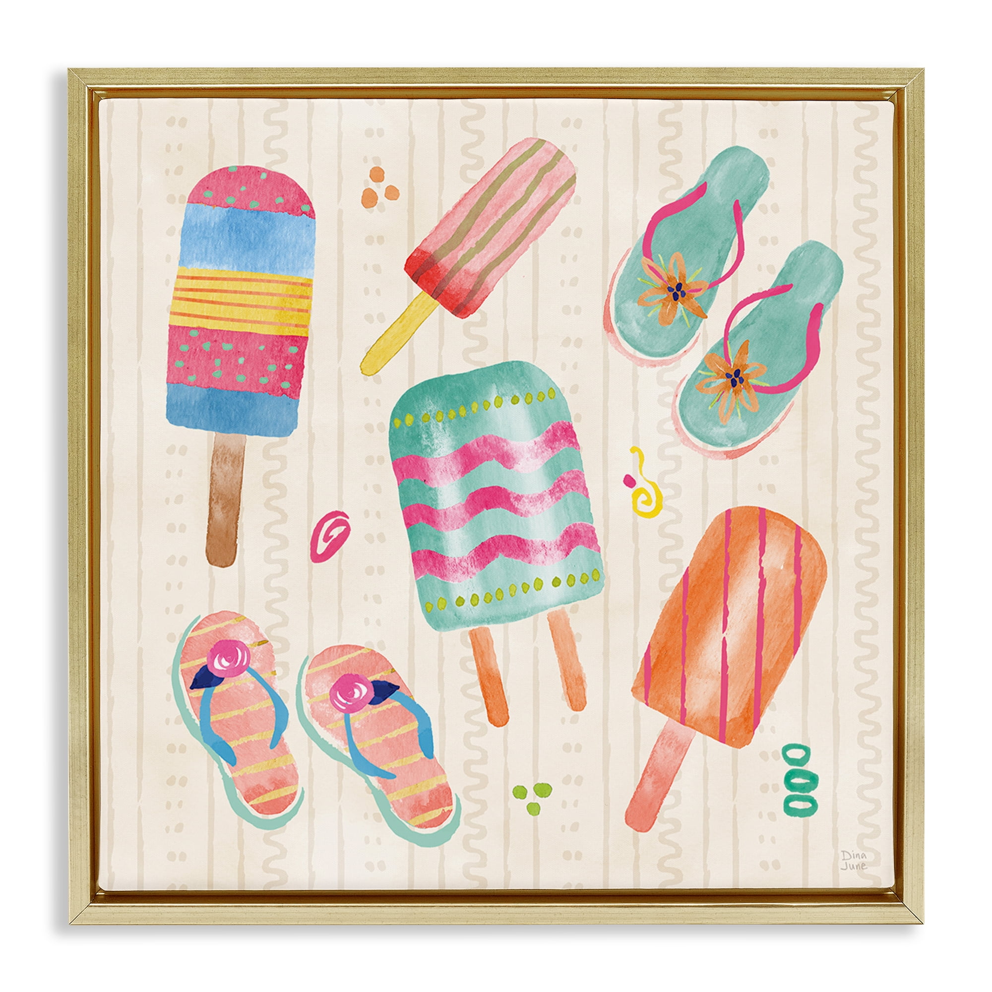 Stupell Industries Summer Popsicles & Sandals Gold Framed Floater Canvas Wall Art, design by Dina June