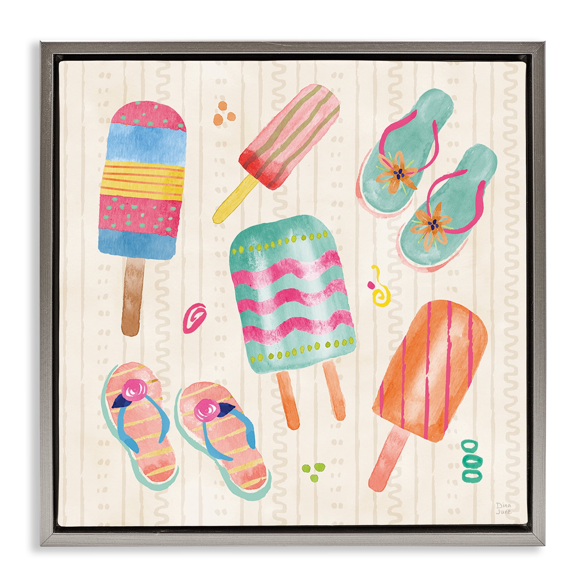 Stupell Industries Summer Popsicles & Sandals Gray Framed Floater Canvas Wall Art, design by Dina June