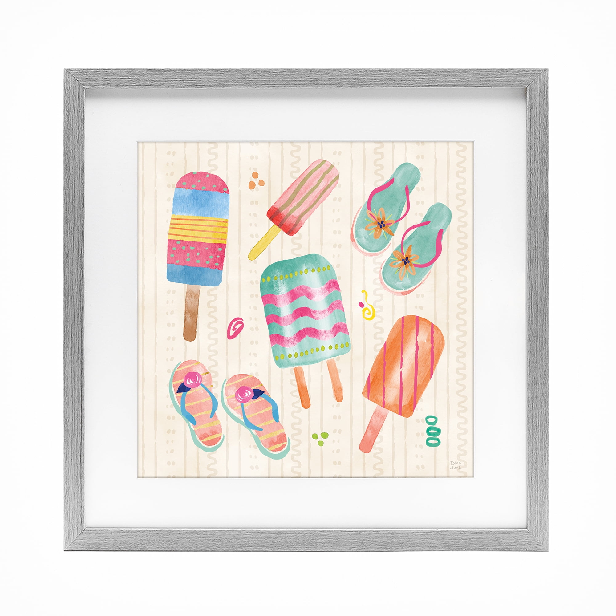 Stupell Industries Summer Popsicles & Sandals Gray Framed Print Under Glass, design by Dina June