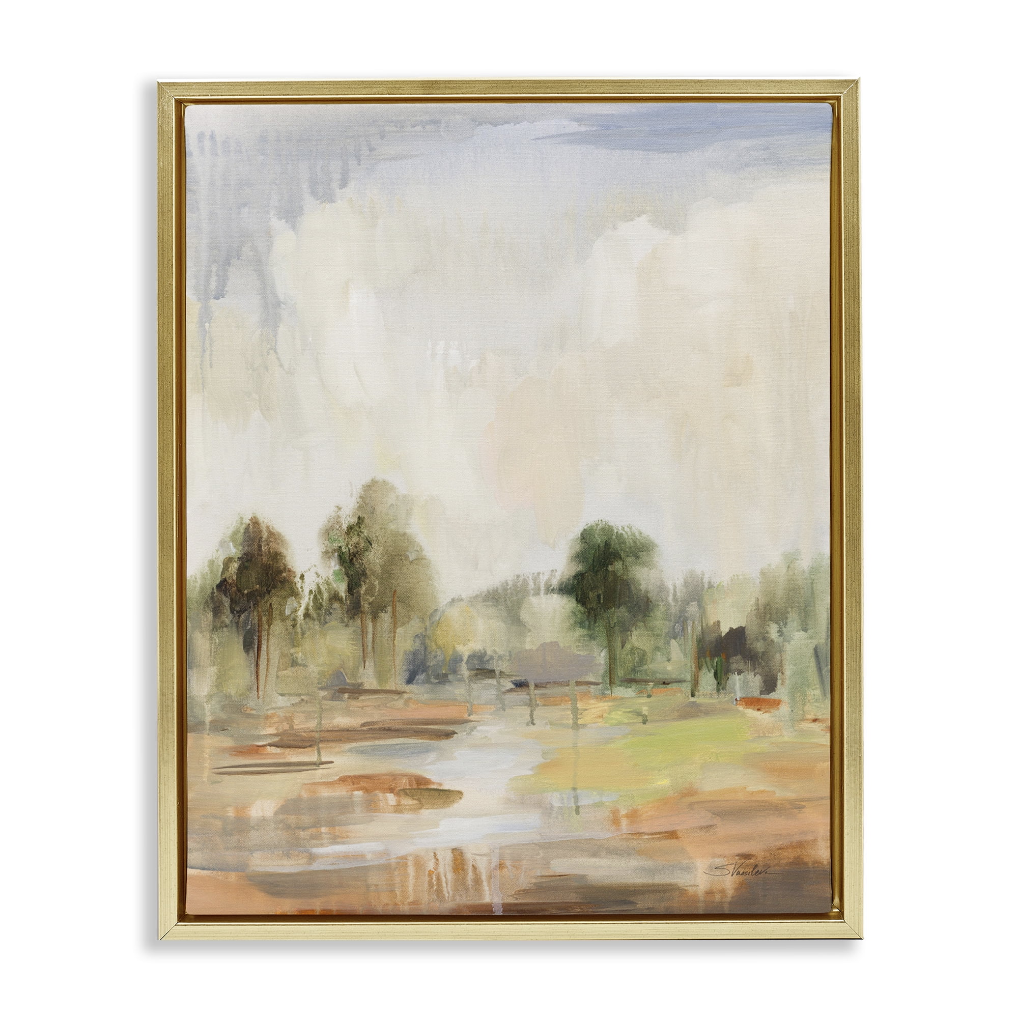 Stupell Industries Summer Rain Landscape Landscape Painting Gold Floater Framed Art Print Wall Art, 25 x 31