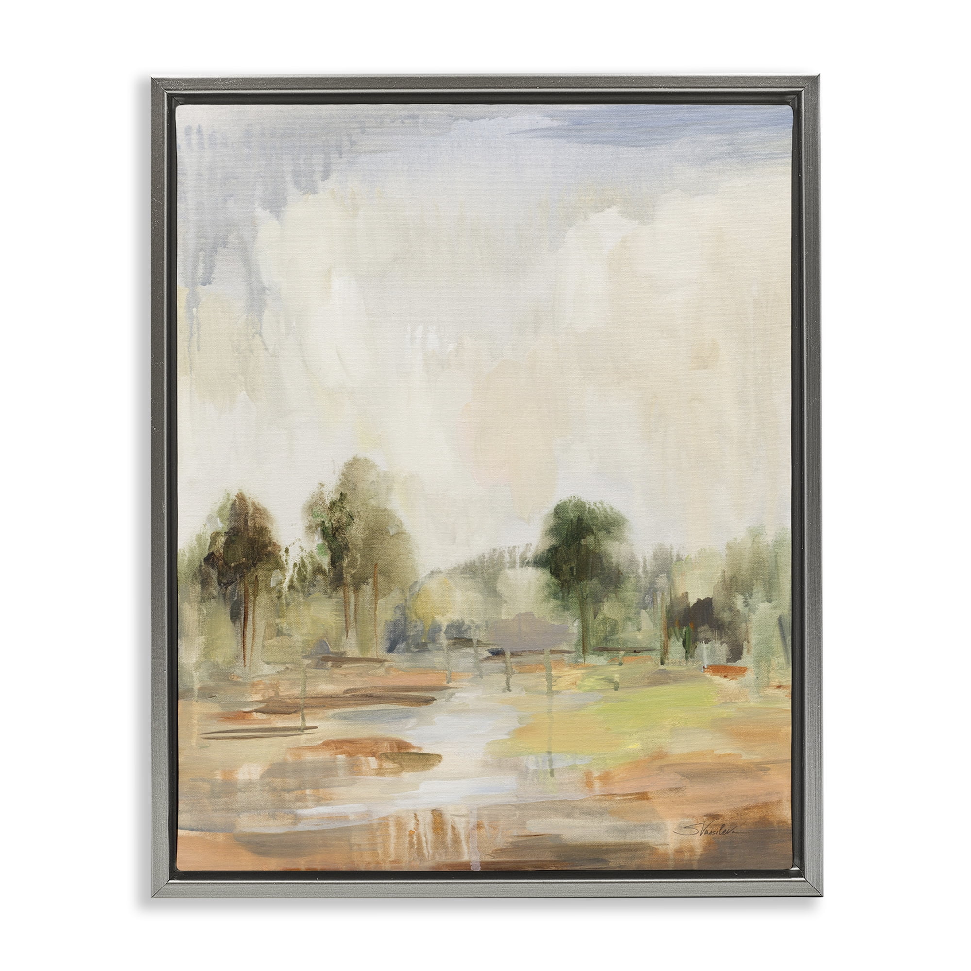 Stupell Industries Summer Rain Landscape Landscape Painting Gray Floater Framed Art Print Wall Art, 17 x 21