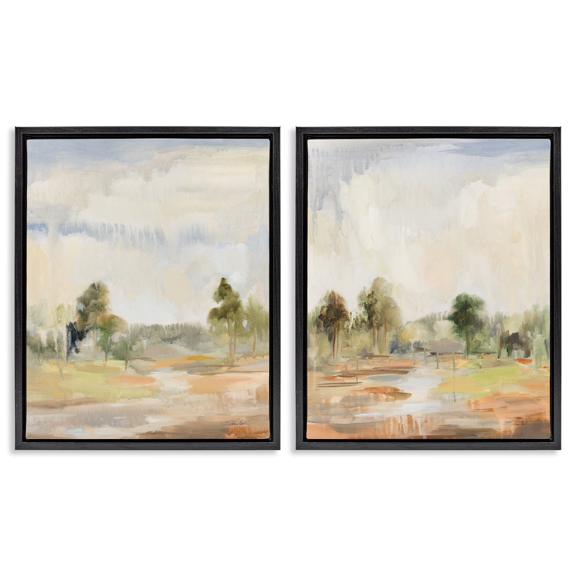 Stupell Industries Summer Rainstorm in the Woods Landscape & Nature Painting Black Floater Framed Canvas Art Print Wall Art, 17 x 21, Set of 2