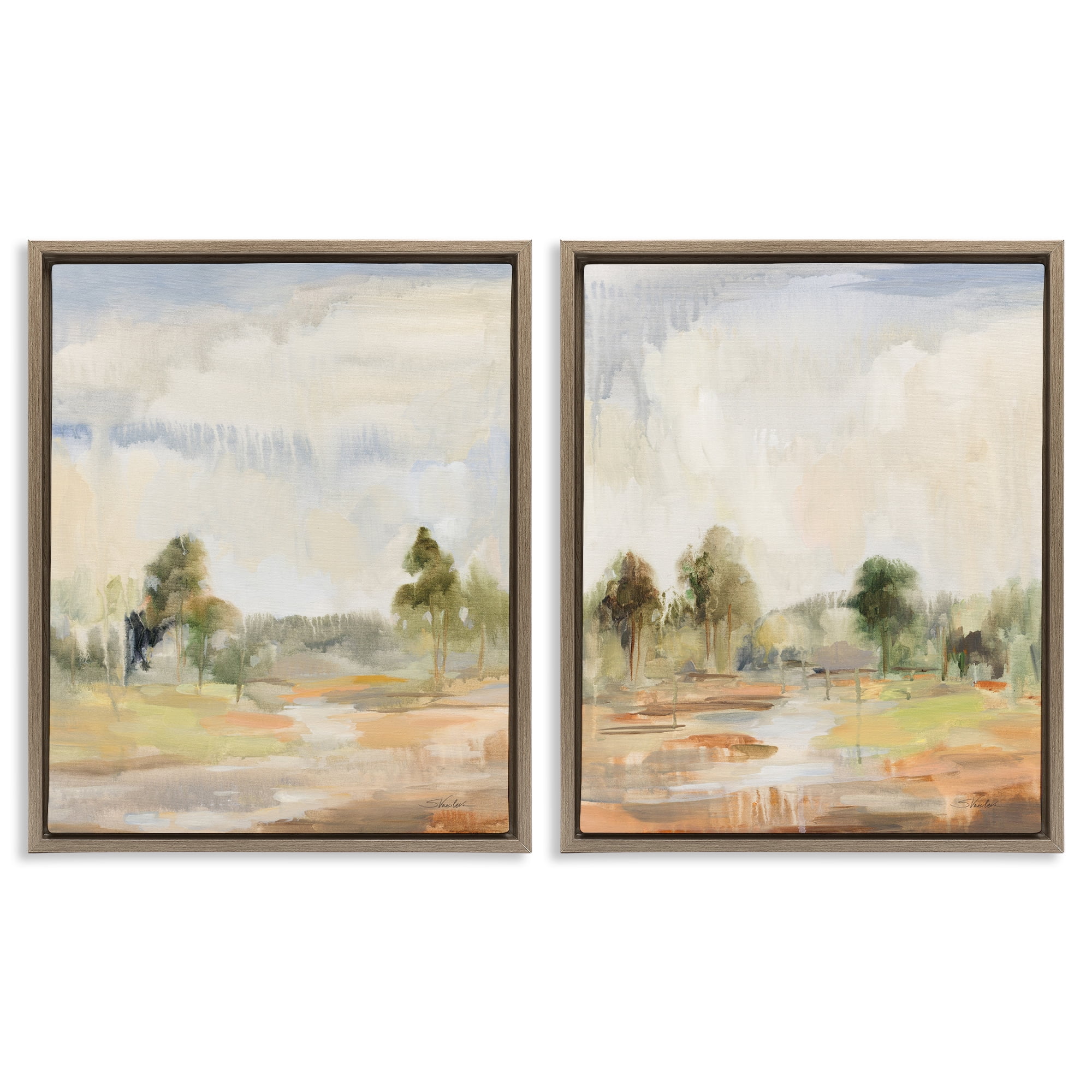 Stupell Industries Summer Rainstorm in the Woods Landscape & Nature Painting Brown Floater Framed Canvas Art Print Wall Art, 17 x 21, Set of 2