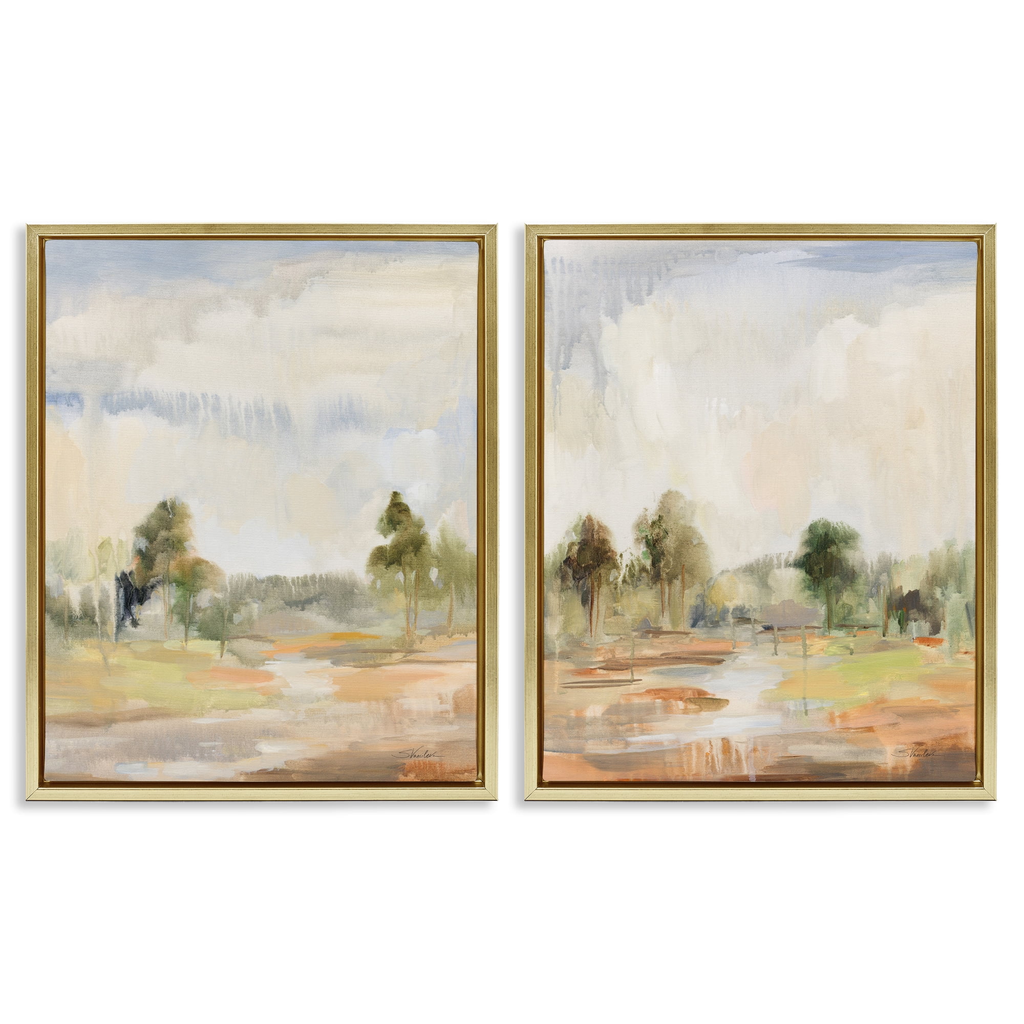 Stupell Industries Summer Rainstorm in the Woods Landscape & Nature Painting Gold Floater Framed Canvas Art Print Wall Art, 31 x 25, Set of 2