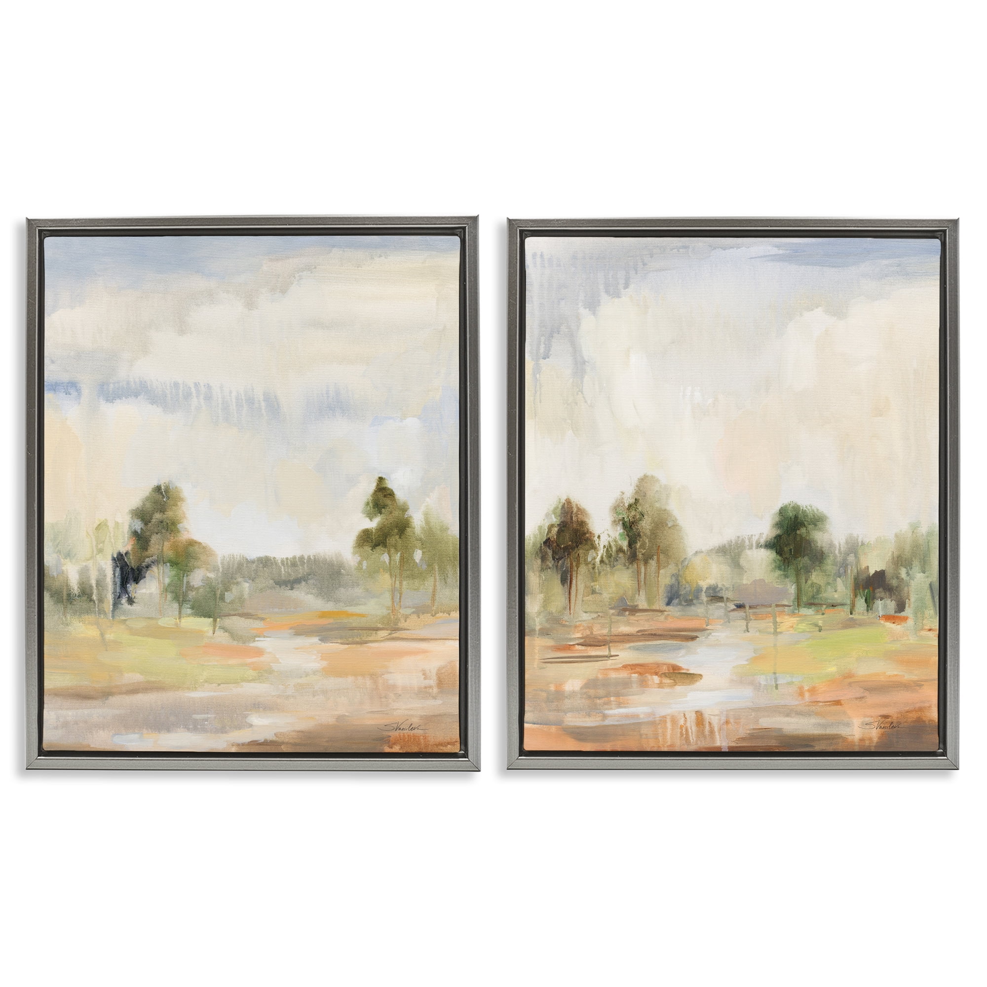 Stupell Industries Summer Rainstorm in the Woods Landscape & Nature Painting Gray Floater Framed Canvas Art Print Wall Art, 17 x 21, Set of 2