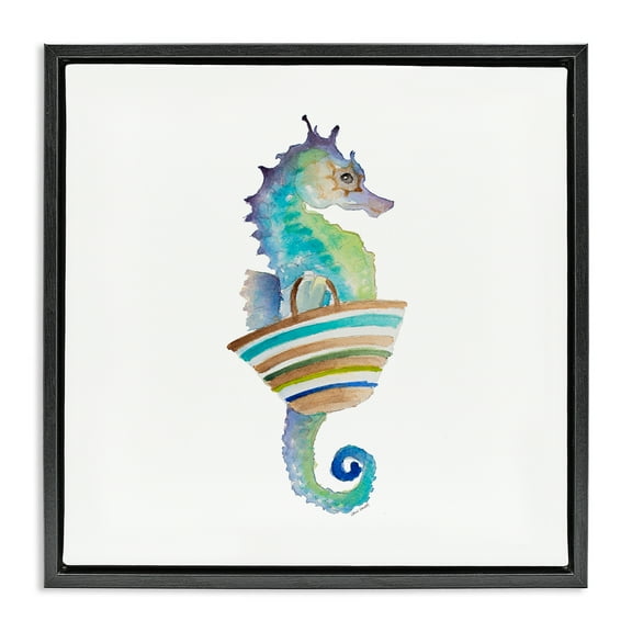 Stupell Industries Summer Ready Seahorse Novelty Painting Black Floater Framed Canvas Art Print Wall Art, 18 x 18