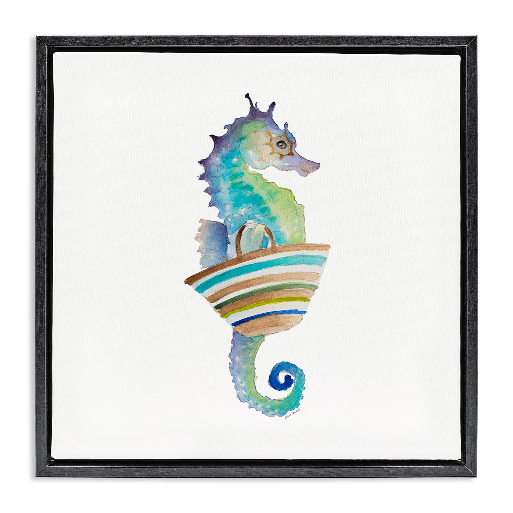 Stupell Industries Summer Ready Seahorse Novelty Painting Black Floater Framed Canvas Art Print Wall Art, 25 x 25