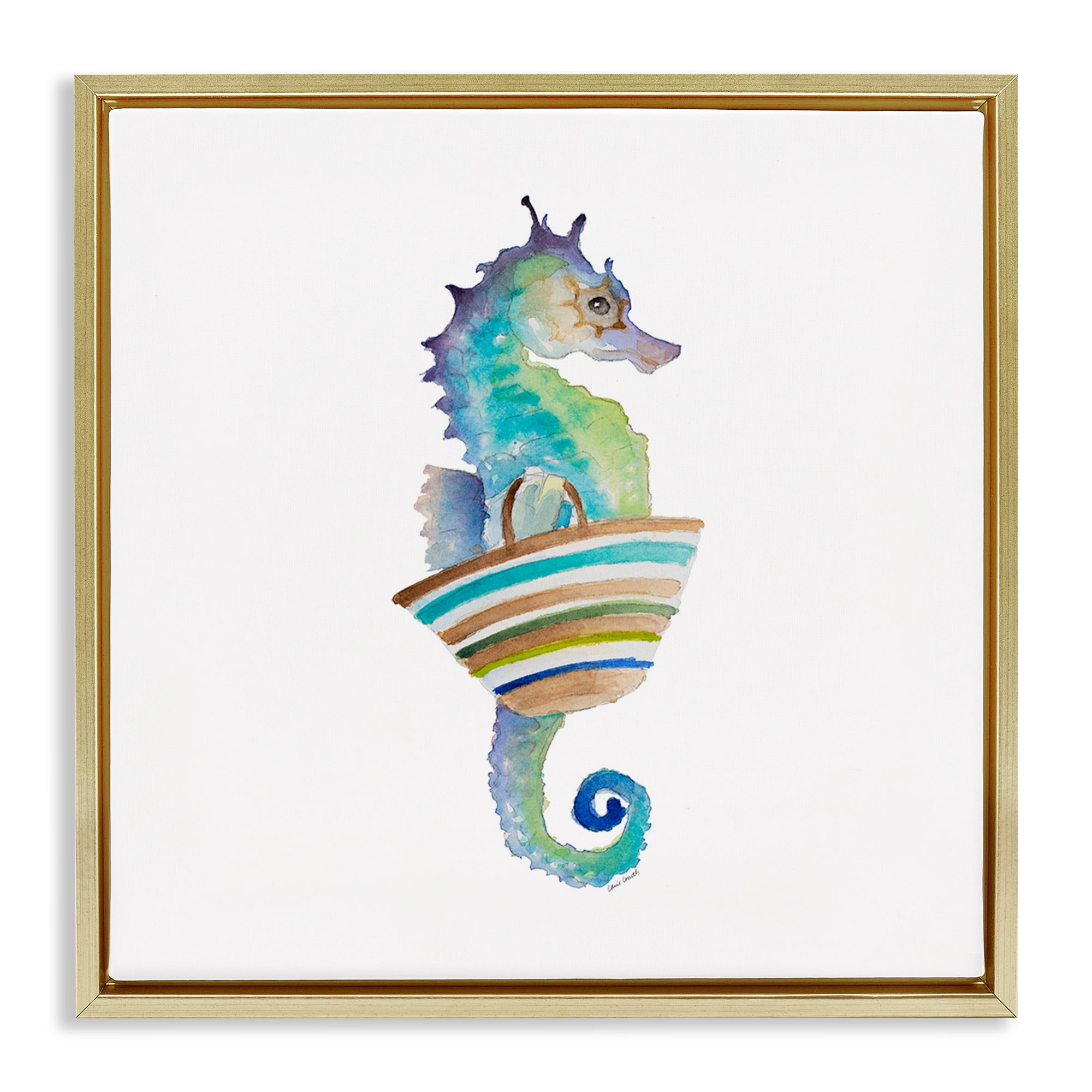 Stupell Industries Summer Ready Seahorse Novelty Painting Gold Floater Framed Canvas Art Print Wall Art, 25 x 25