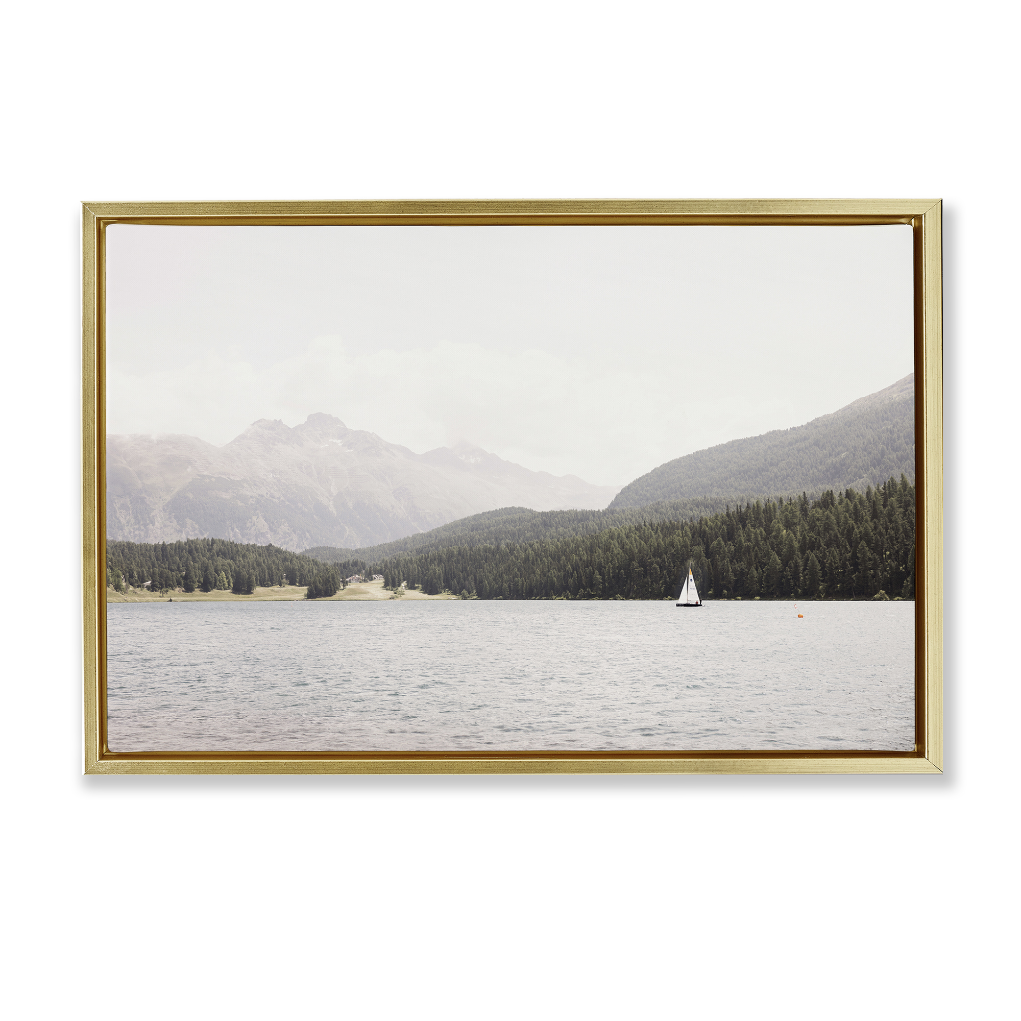 Stupell Industries Summer Sailboat View Landscape & Nature Photography Gold Floater Framed Canvas Art Print Wall Art, 31 x 21