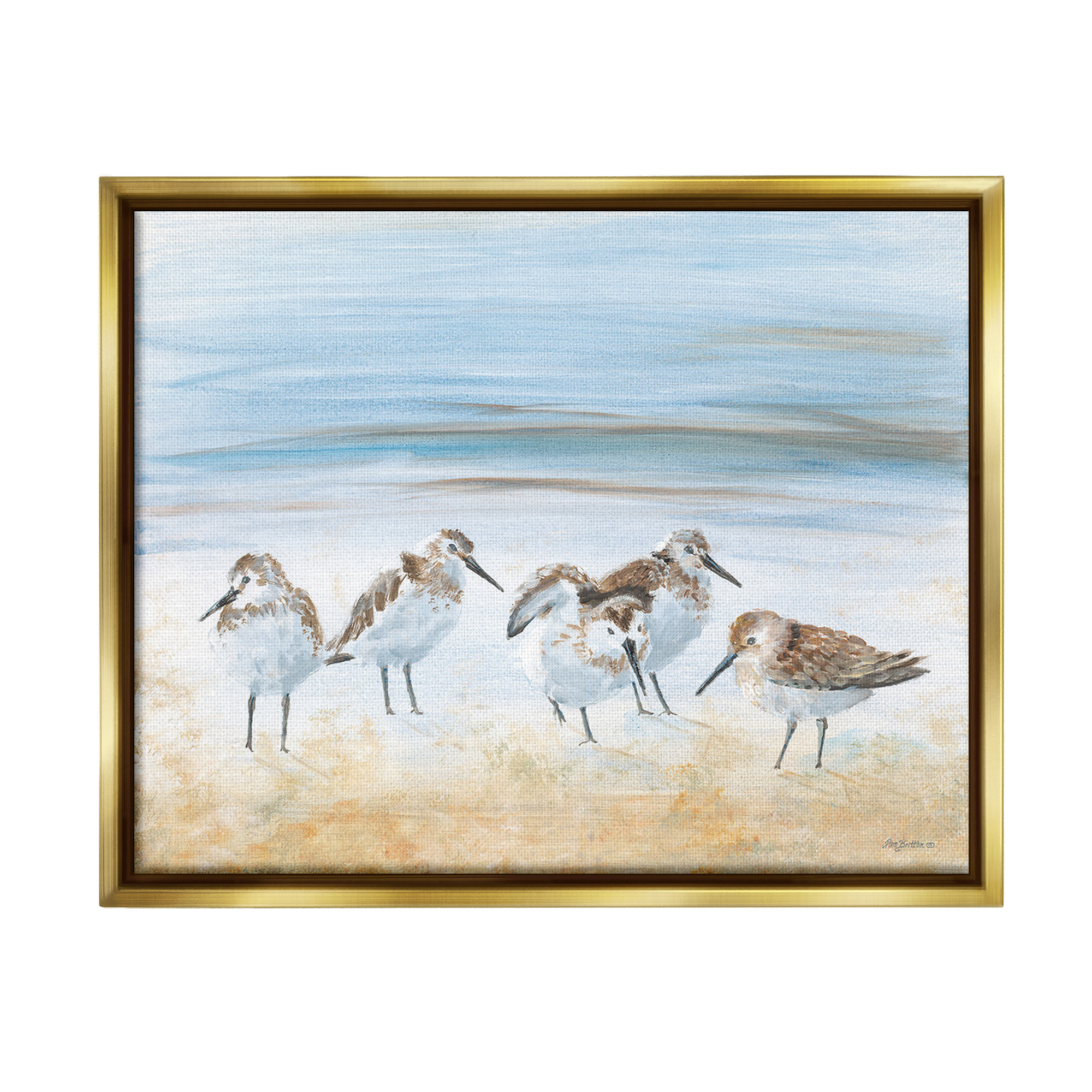 Stupell Industries Summer Sandpipers on Shore Animals & Insects Painting Gold Floater Framed Canvas Art Print Wall Art, 21 x 17